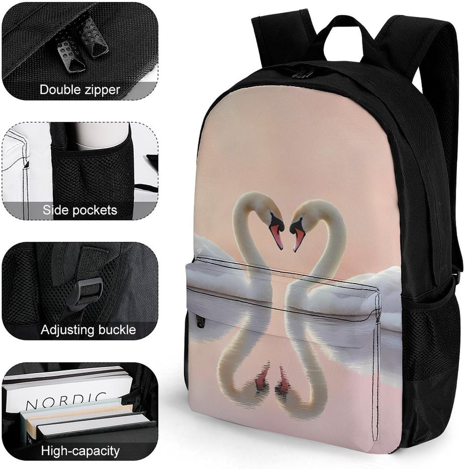 Swan Heart Laptop Backpack for Men Women Fashion Computer Bag Business Travel Daypack
