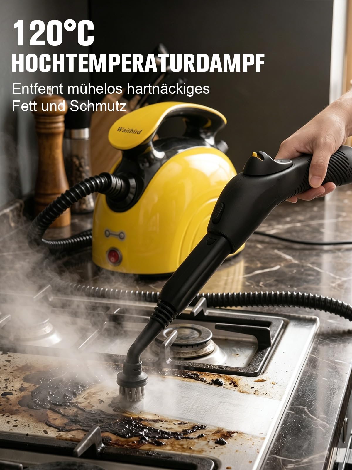 Waitbird Hand-Dampfreiniger für Zuhause, 4,5 Bar, 120 °C Heißdampf, 1500W | 21 Zubehörteile | Chemikalienfrei für Boden, Auto, Wand, Fugen, Küche und Bad | Doppelte Sicherheitsverriegelung