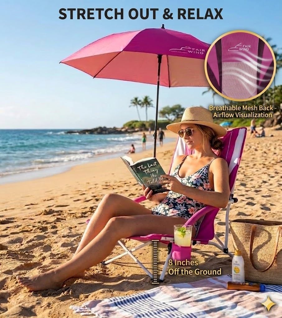 FAIR WIND Portable Beach Chair with Umbrella 300LBS Heavy Duty Folding Compact Canopy Chair with Cup Holder & Carry Bag for Beach, Camping, Concerts, Sports - Pink Color