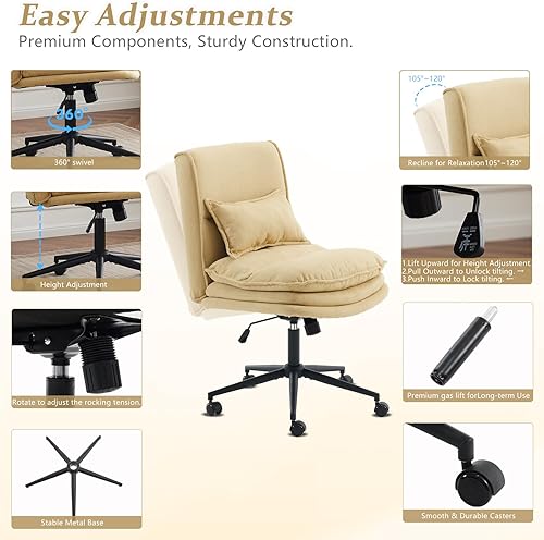 Miniatura 3 de VINGLI Cloud Criss Cross Legged Chair,18" High Back Armless Home Office Desk Chair with Wheels,Wide Adjustable Comfy Padded Seat Task Computer