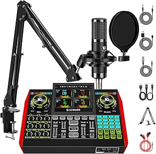 Podcast Equipment Bundle with 3.5mm Condenser Microphone for Pc/Phone Live Streaming Singing Gaming, Podcast Microphone Bundle with Live Sound Board Audio Mixer Denoise,DJ Sets