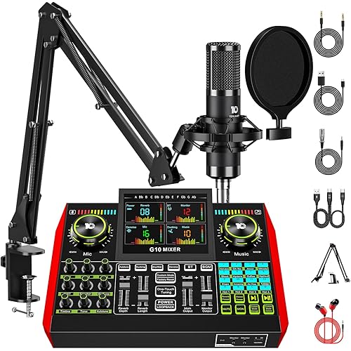 Podcast Equipment Bundle with 3.5mm Condenser Microphone for Pc/Phone Live Streaming Singing Gaming, Podcast Microphone Bundle with Live Sound Board Audio Mixer Denoise,DJ Sets