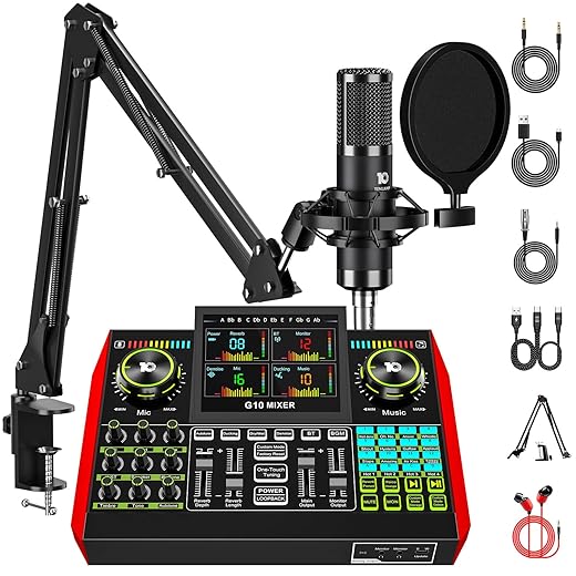 Podcast Equipment Bundle with 3.5mm Condenser Microphone for Pc/Phone Live Streaming Singing Gaming, Podcast Microphone Bundle with Live Sound Board Audio Mixer Denoise,DJ Sets