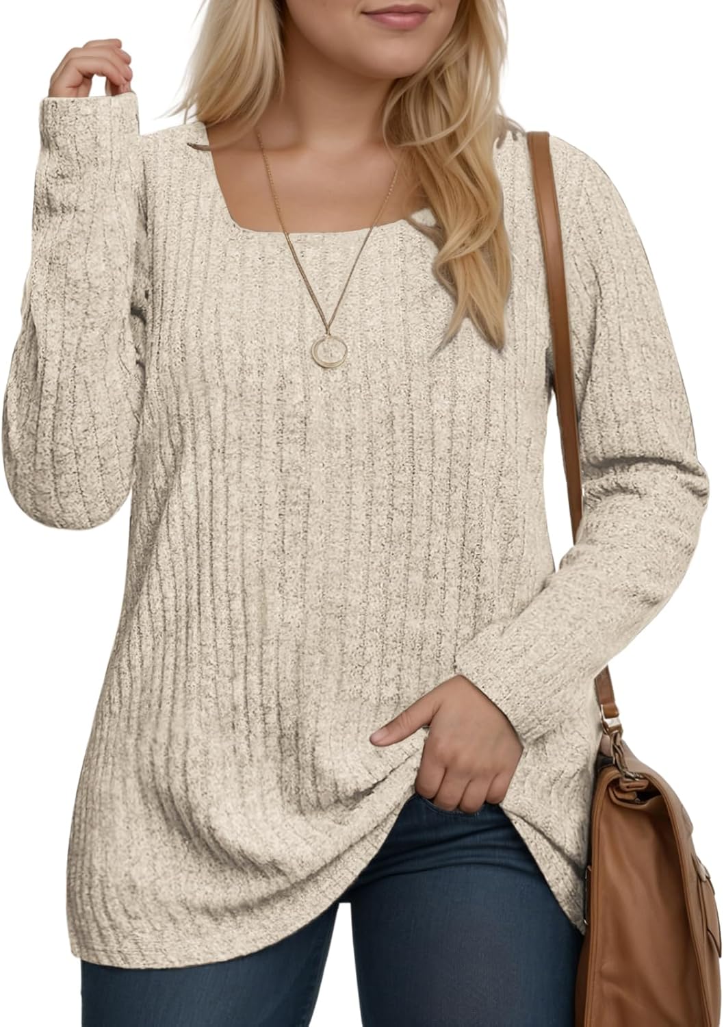 ROSRISS Womens-Plus-Size-Tops Casual Square Neck Sweaters Trendy Long Sleeve Shirts Lightweight Knit Pullover Blouses XL-5XL