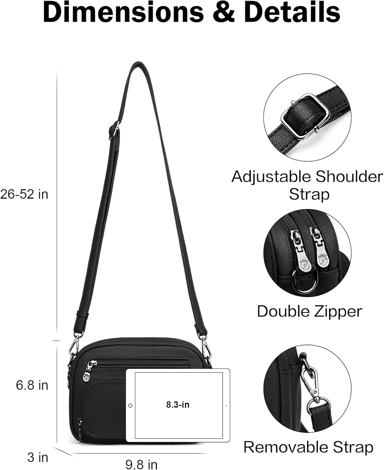 FADEON Crossbody Bags for Women Multi-pocket Leather Crossbody Purses, Designer Shoulder Bag Adjustable Removable Strap (Purse Black 2) - Image 2
