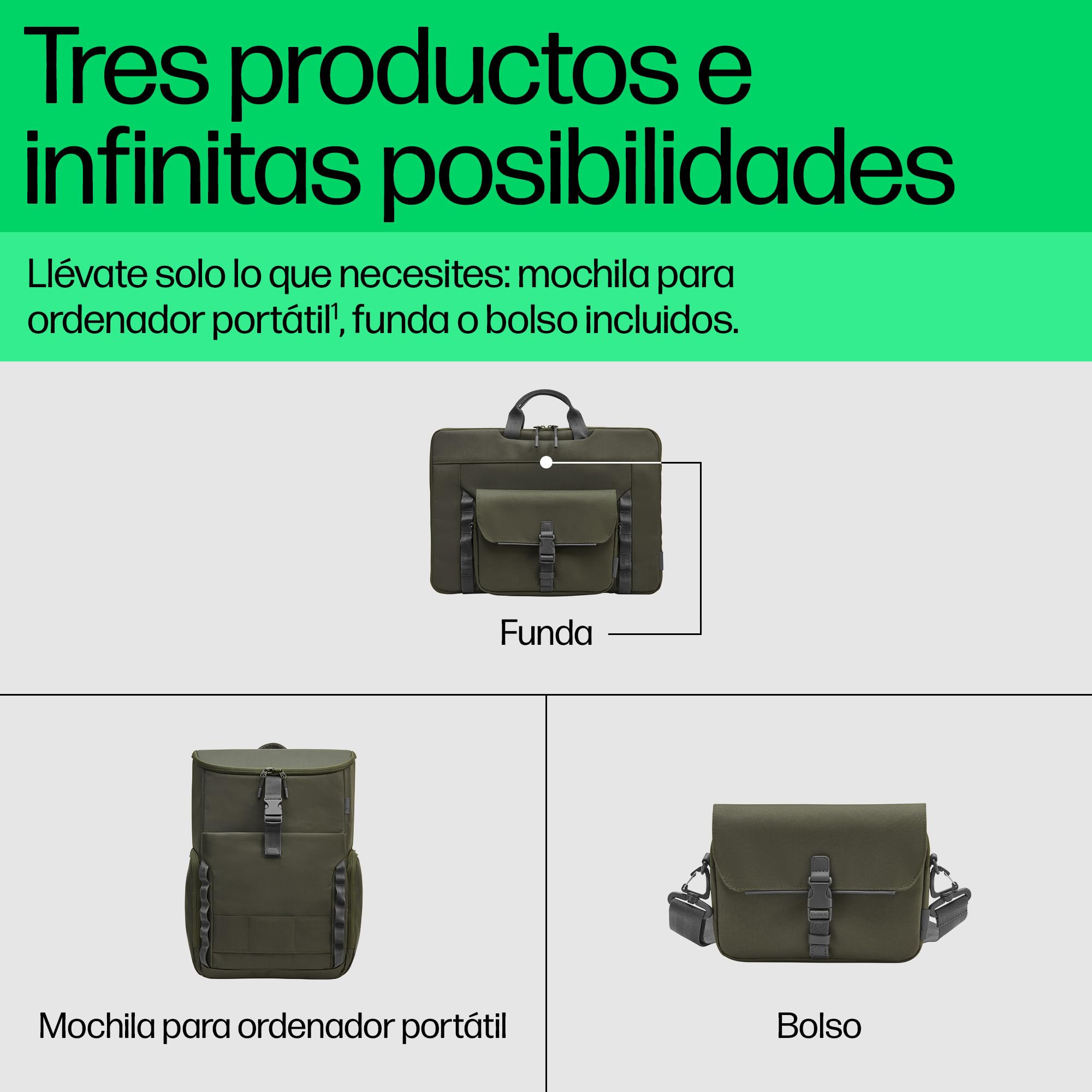 HP Mochila Modular para Portátiles de hasta 15,6", 3 en 1 (Mochila, Funda y Bolso Bandolera Extraíble), Resistente al Agua, Bolsillo con Bloqueo RFID, Cremalleras de Seguridad, 27 L, Verde