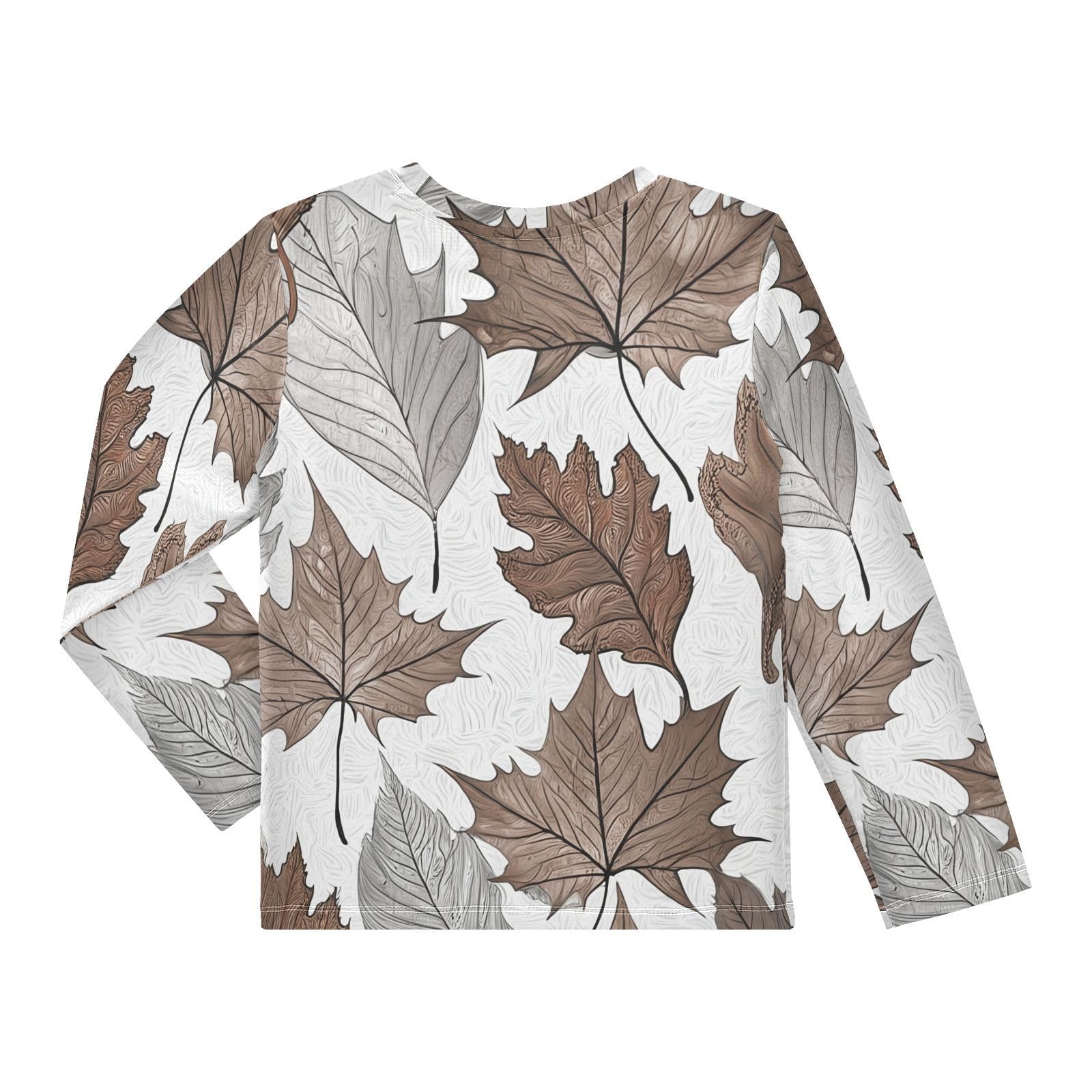 DOMIKING Maple Oak Leaves Sepia Boys Long Sleeve Rashguard Shirt Kids Quick Dry Swim Shirt for Swimming Pool Beach 9-10T