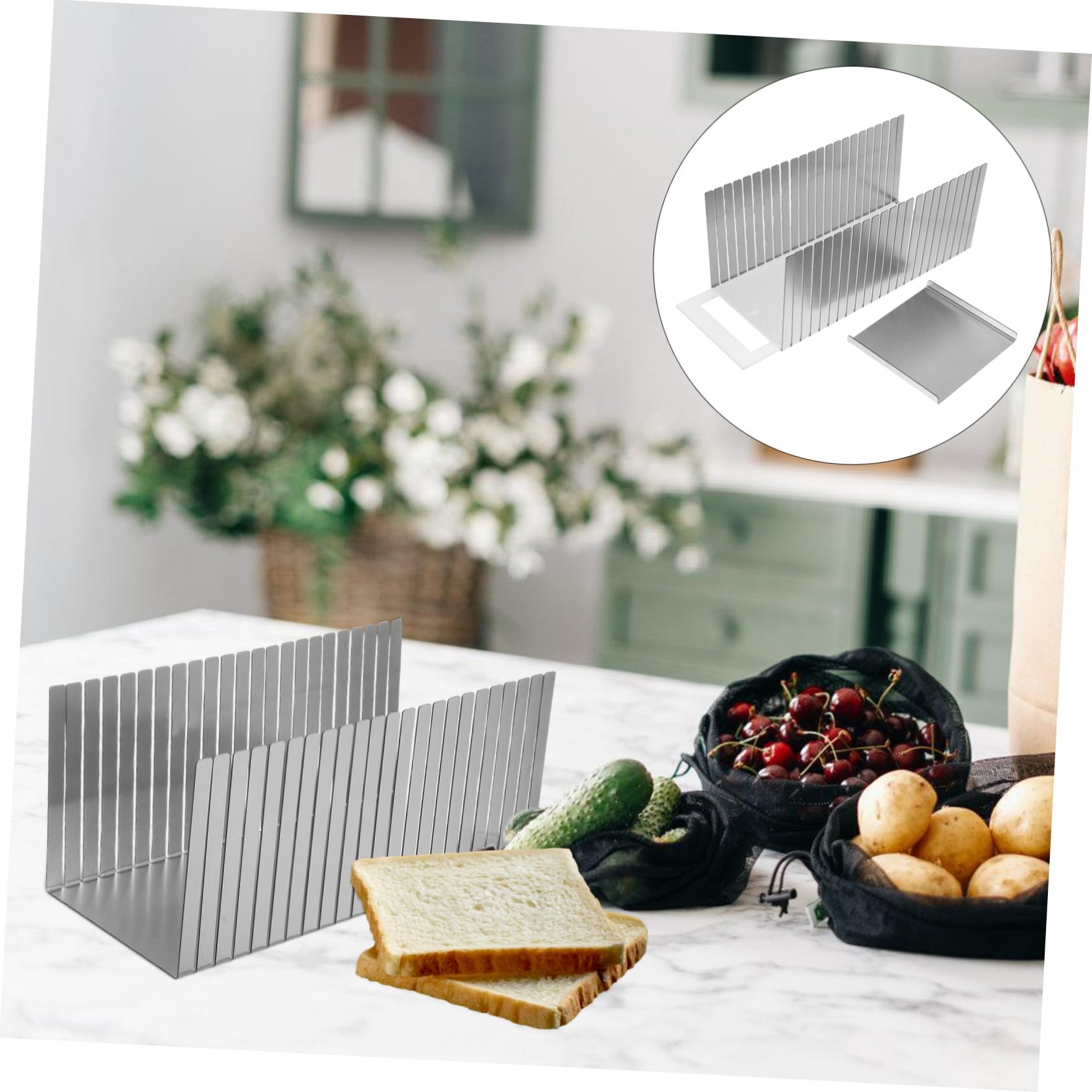 TOYANDONA Cortadora de Pan de Acero Inoxidable Ajustable con Bandeja para Migas Guía para Rebanar Tostadas Pan Casero Bizcochos y Bollos Herramienta Profesional para Cocina y Panadería