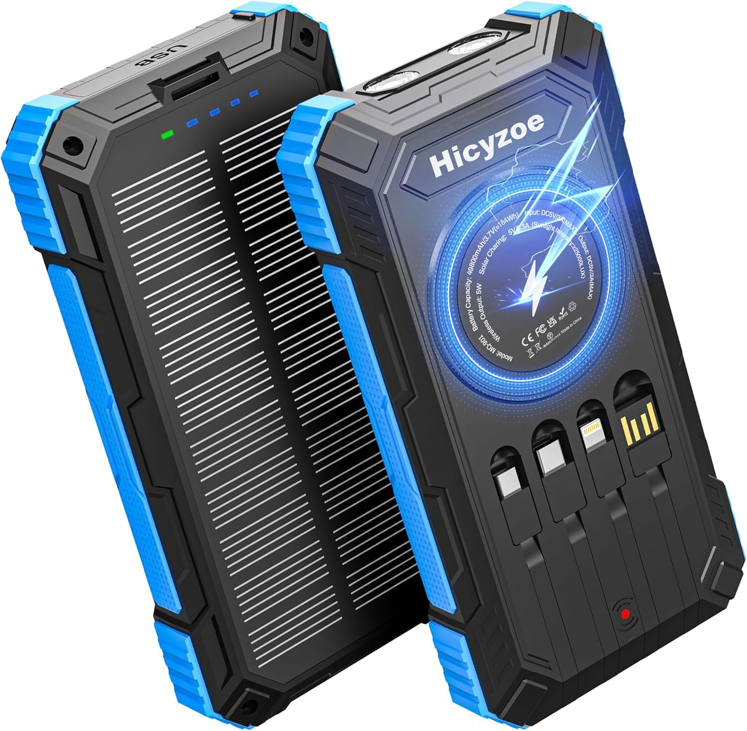 Solar Charger Power Bank, 49800mAh Wireless Portable Phone Charger, 15W QC3.0 Fast Charging External Battery Pack with 4 Built-in Cables, USB-C in/Output, with Dual Flashlights for Outdoor (Blue)