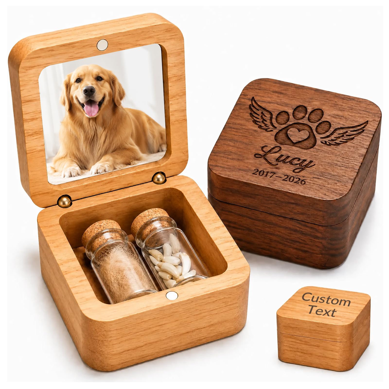 Iwe Personalised Pet Memorial Box For Dog Cat Hair Keepsake, Wooden Memory Gift (Beechwood color)