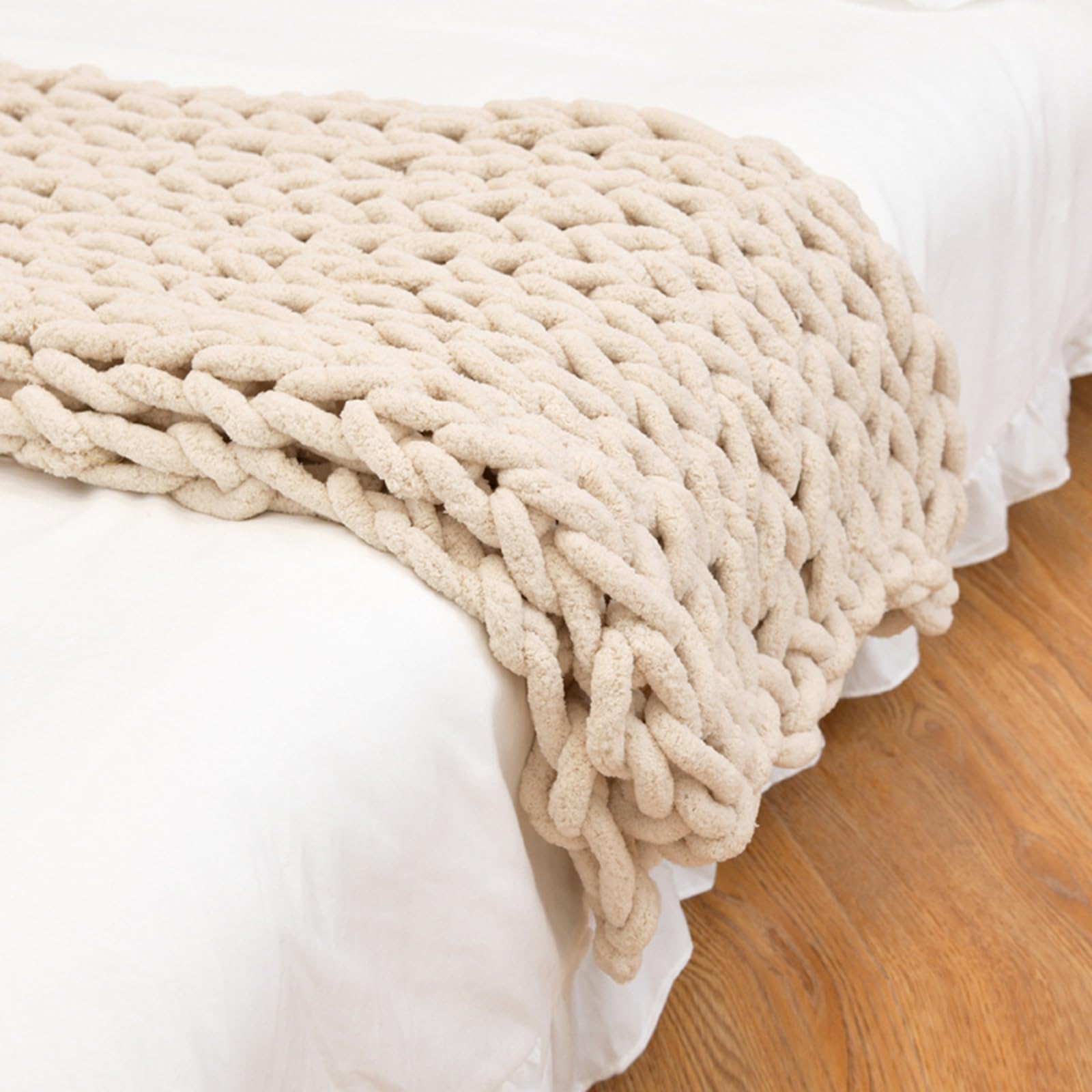 LUOZIQINX Soft Knit Blanket Throw, Large Chunky Knit Blanket, Hand Chenille Knitted Throw Blankets, Machine Washable for Bed Sofa Chair Office Boho Home Decor,beige,100x120cm