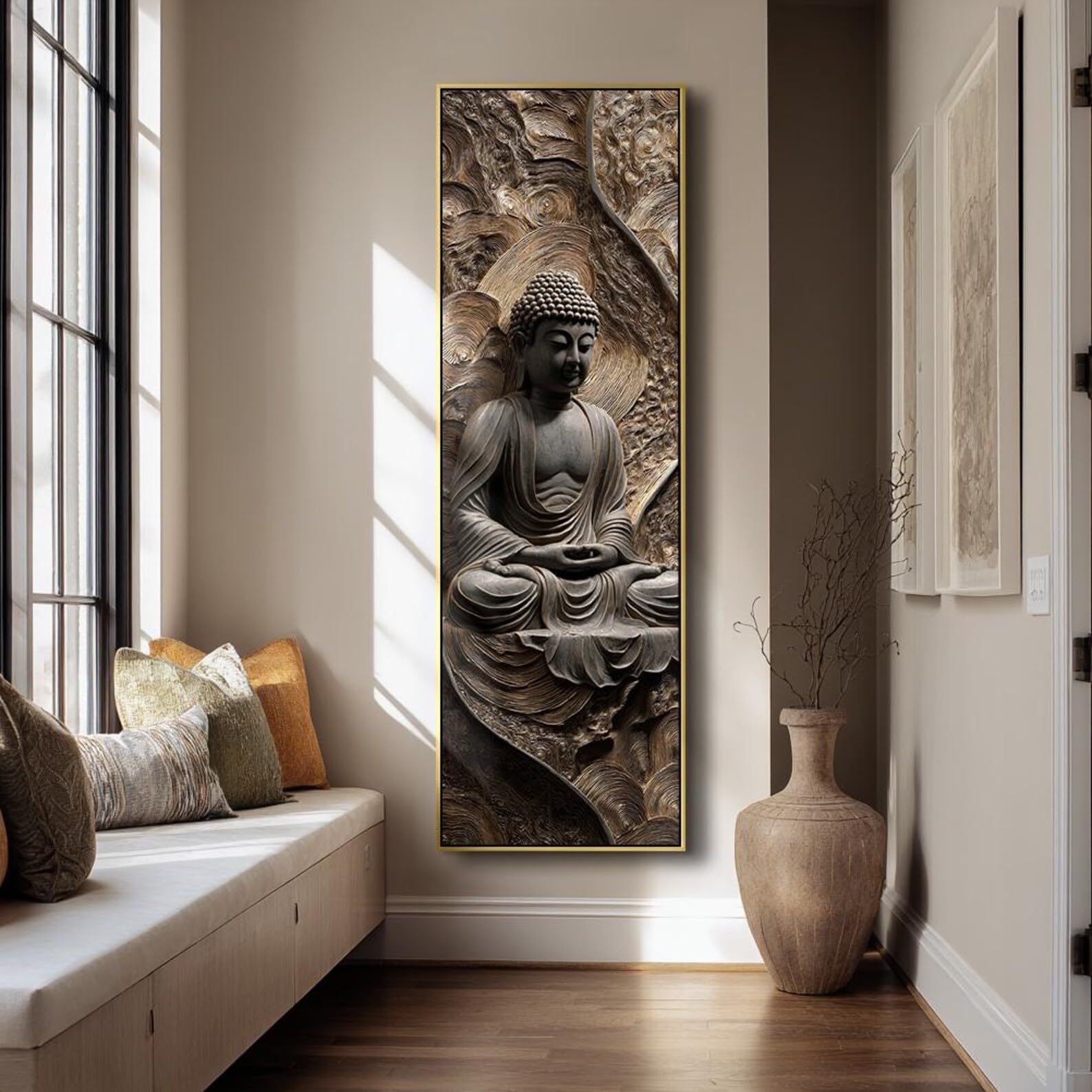 XINBAO Cuadro de Buda en lienzo para pared - Láminas zen verticales - Decoración alta y estrecha para meditación - Pósteres largos - Pintura vertical (20x60cm/Marco interior)