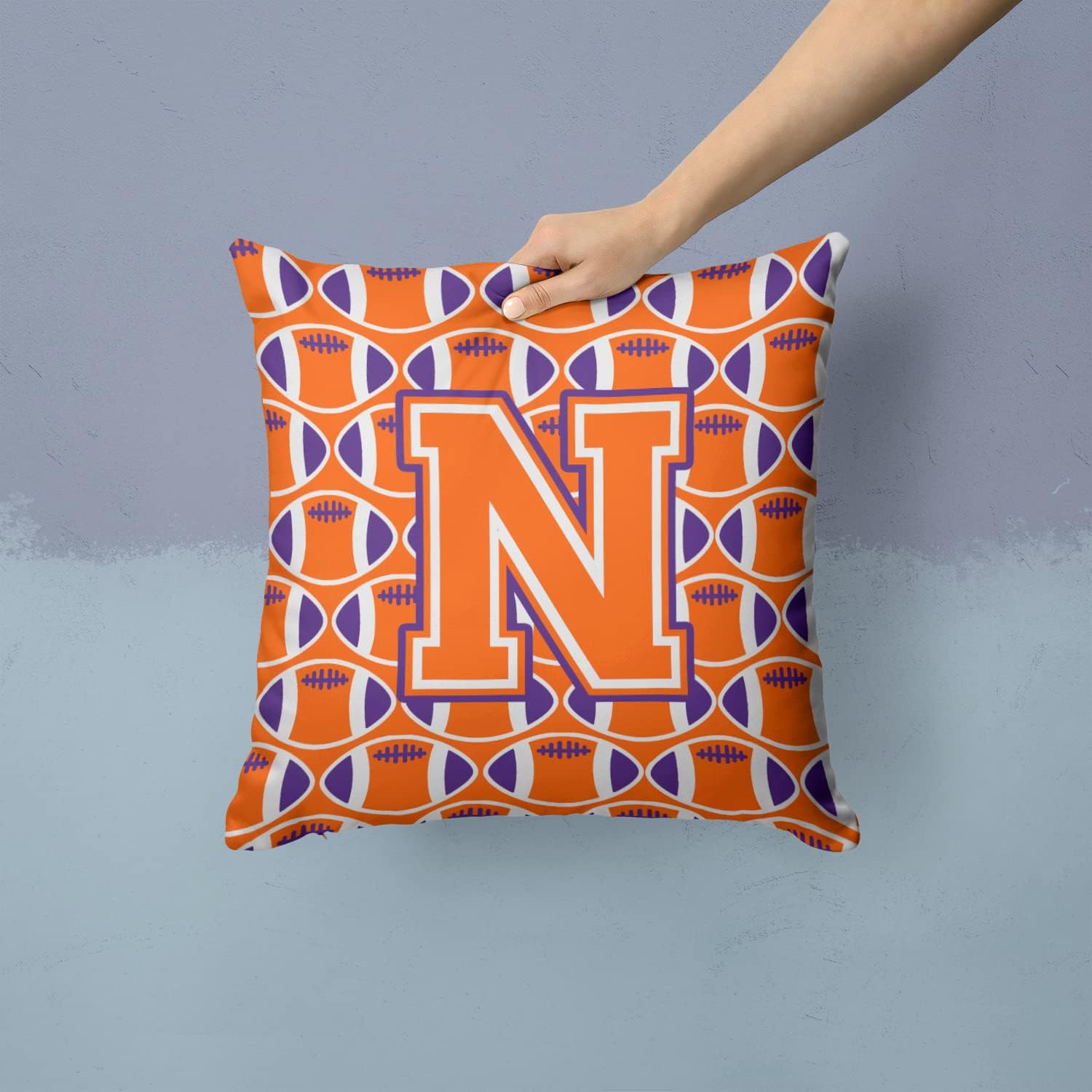 Caroline's Treasures CJ1072-NPW1414 Letter N Football Orange, White and Regalia Fabric Decorative Pillow 100% Machine Washable Pillow, Indoor or Outdoor Decorative Throw Pillow for Couch, Bed or Patio