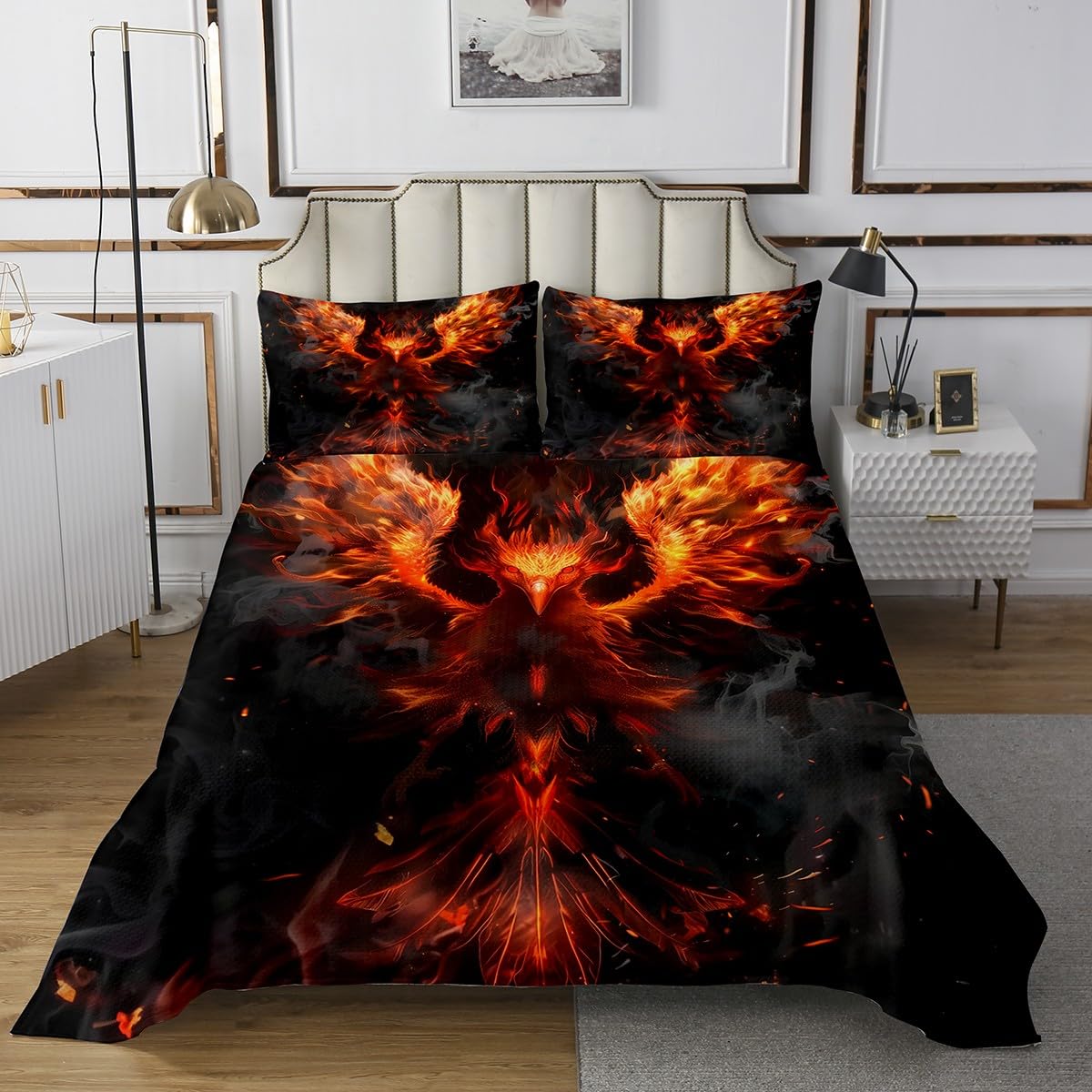 Erosebridal Fire Phoenix Quilt Set Flying Animal Kids Coverlet Set Flame Bird Animal Bedspread Set King for Boys Girls Teen,Red Phoenix Bed Set Bedroom Decor 3 Pcs