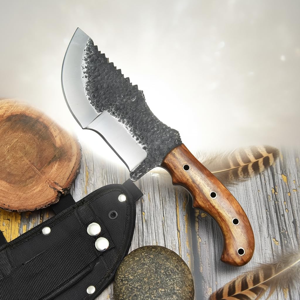 Handmade Hunting Knife with Wooden Handle & Sheath | Forged High Carbon Steel Fixed Blade | Full Tang Survival Knife for Camping, Outdoor, Bushcraft, Fishing, Hiking & Gift for Men