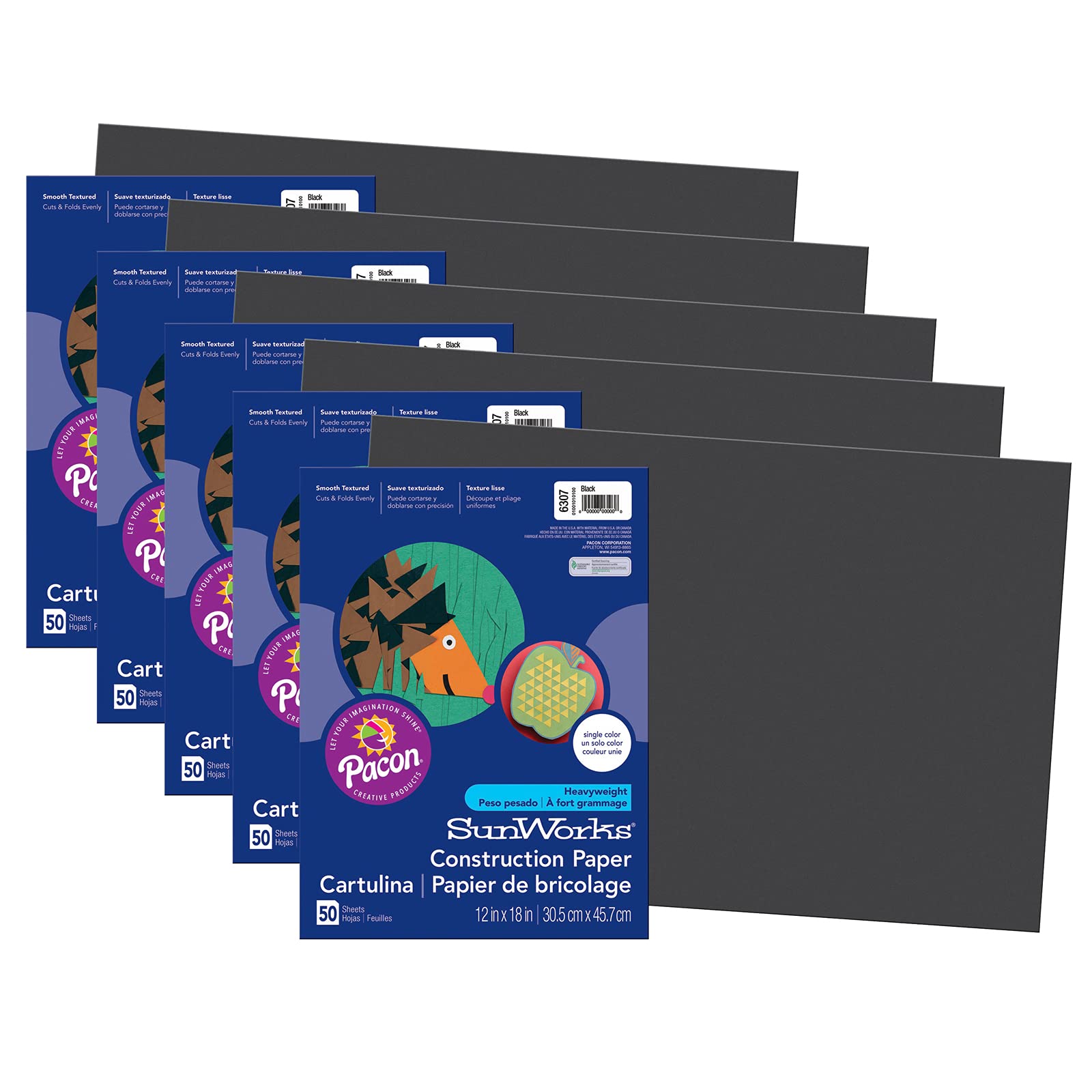 SunWorks(r) Construction Paper, Black, 12" x 18", 50 Sheets Per Pack, 5 Packs
