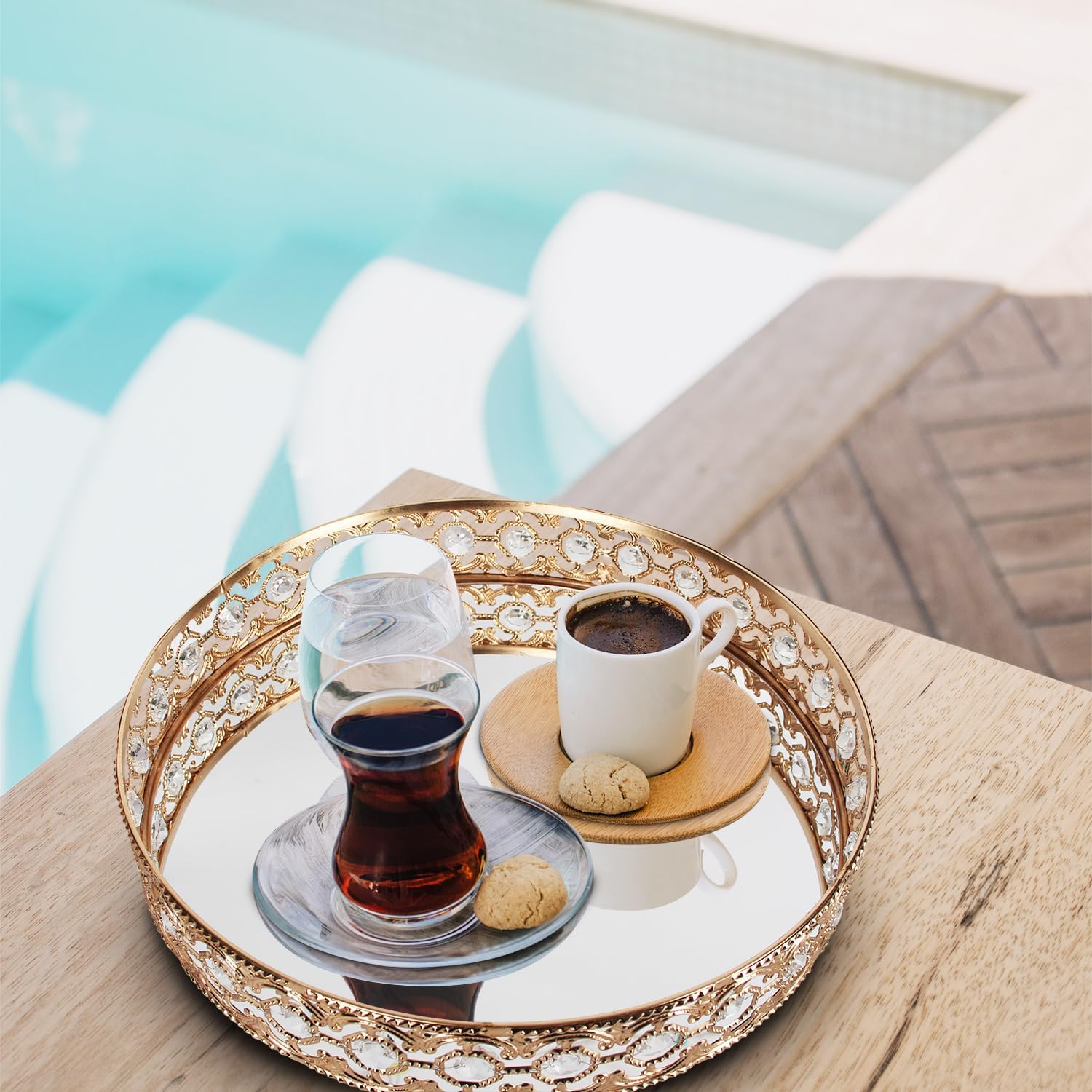 Gold Bathroom Vanity Glass Round Coffee Table Tray Decor, Perfume Organizer Tray with Mirror for Counter & Bedroom (Gold, 11.8 in)
