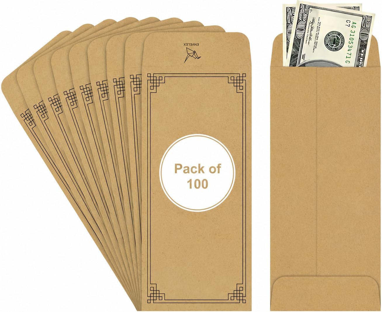 100 Pack Brown Cash Envelopes, 3.2"x6.6" 130 GSM Paper