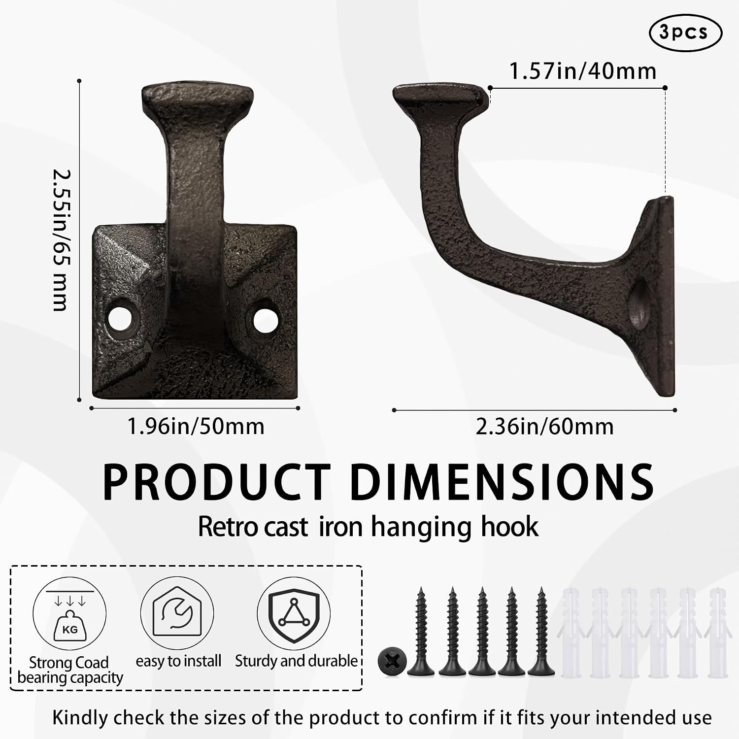 3 Pack Cast Iron Wall Hooks for Hanging Heavy Duty, Coat Hooks Wall Mounted
