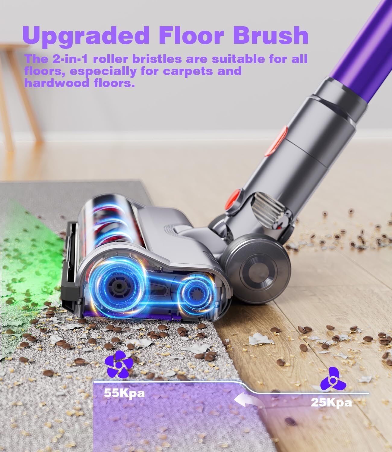 Close-up of the EUARY A44 upgraded floor brush with anti-hair tangle design, cleaning both hard floor and carpet.