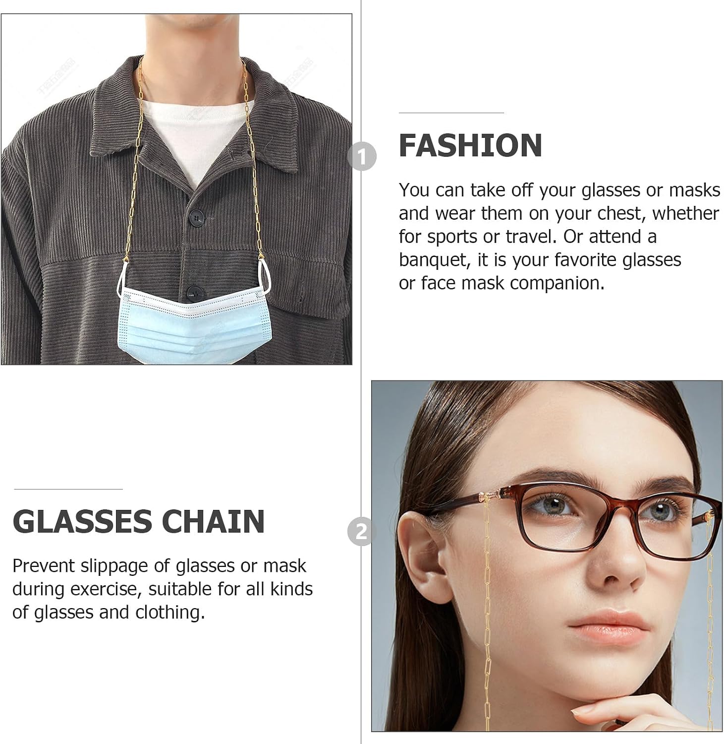 Stainless Steel Eyeglass Chain Necklace Gold, Mask Hanging Chain and Sunglasses Pendant for Women, Lightweight Glasses Hanging Lanyard for Daily Wear