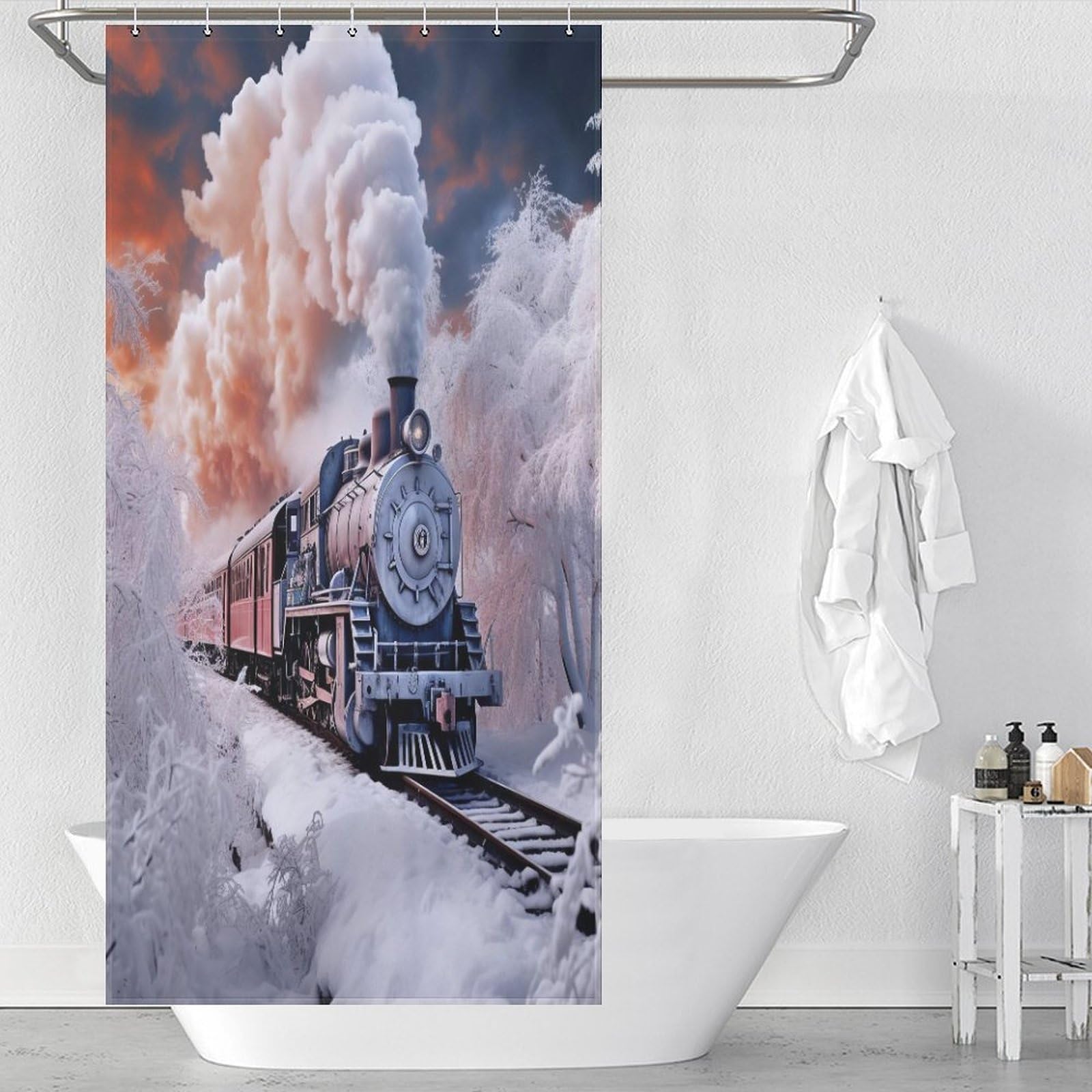 Train à vapeur rideau de douche 92x183 cm en polyester imperméable avec 12 crochets