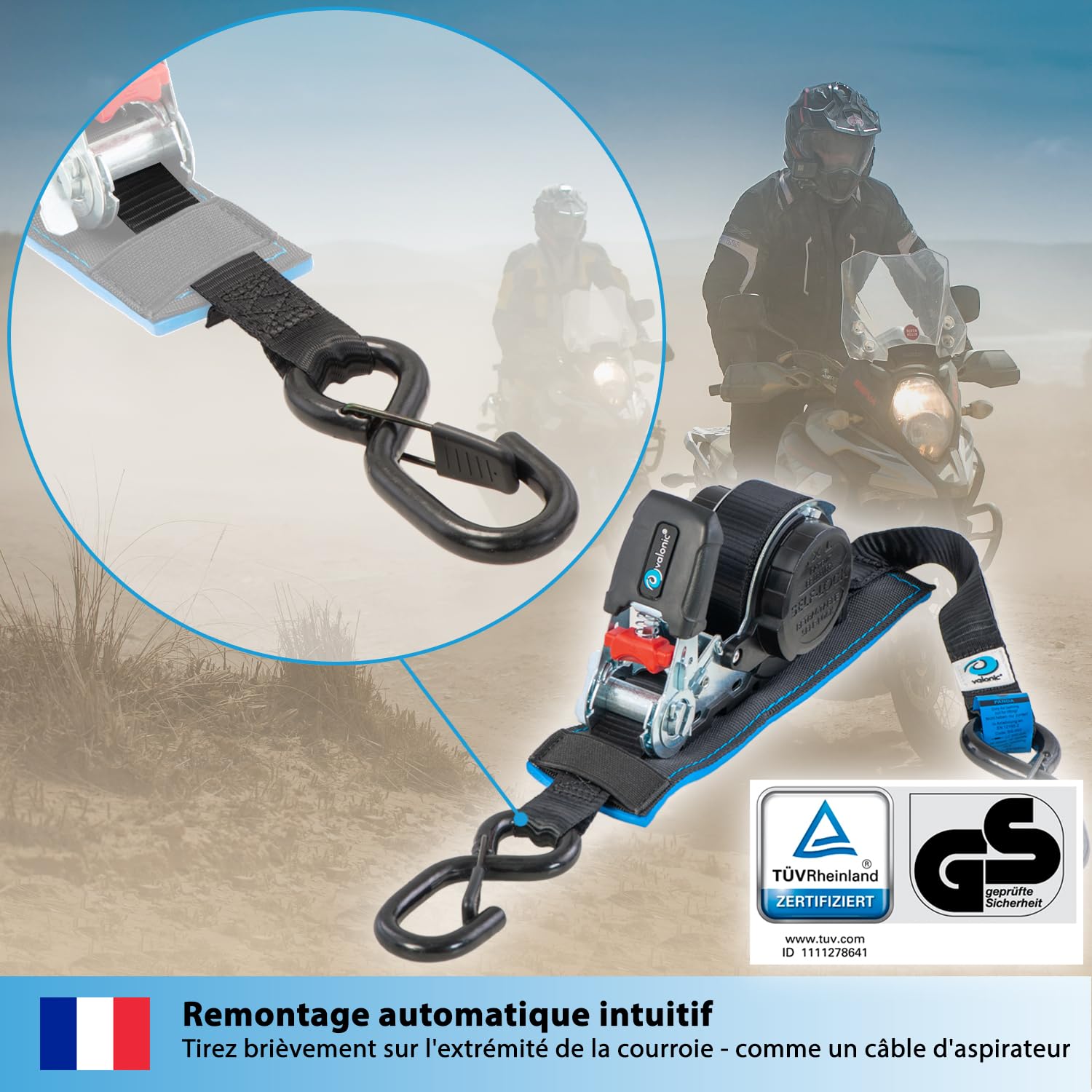 valonic Panda - 2X 5m Sangle d'arrimage Automatique avec Mousqueton Crochet, 25mm, 300/600 Kg, rembourrée, Certifié TÜV Rheinl. / GS, en 12195-2 - avec cliquet, Noir