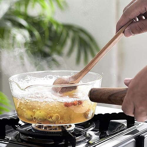 Miniatura 5 de LJYT Cacerola de cristal con tapa, 13.5fl oz20.3fl oz, resistente al calor con tapa y mango de madera, sartén antiadherente hecha a mano para fideos