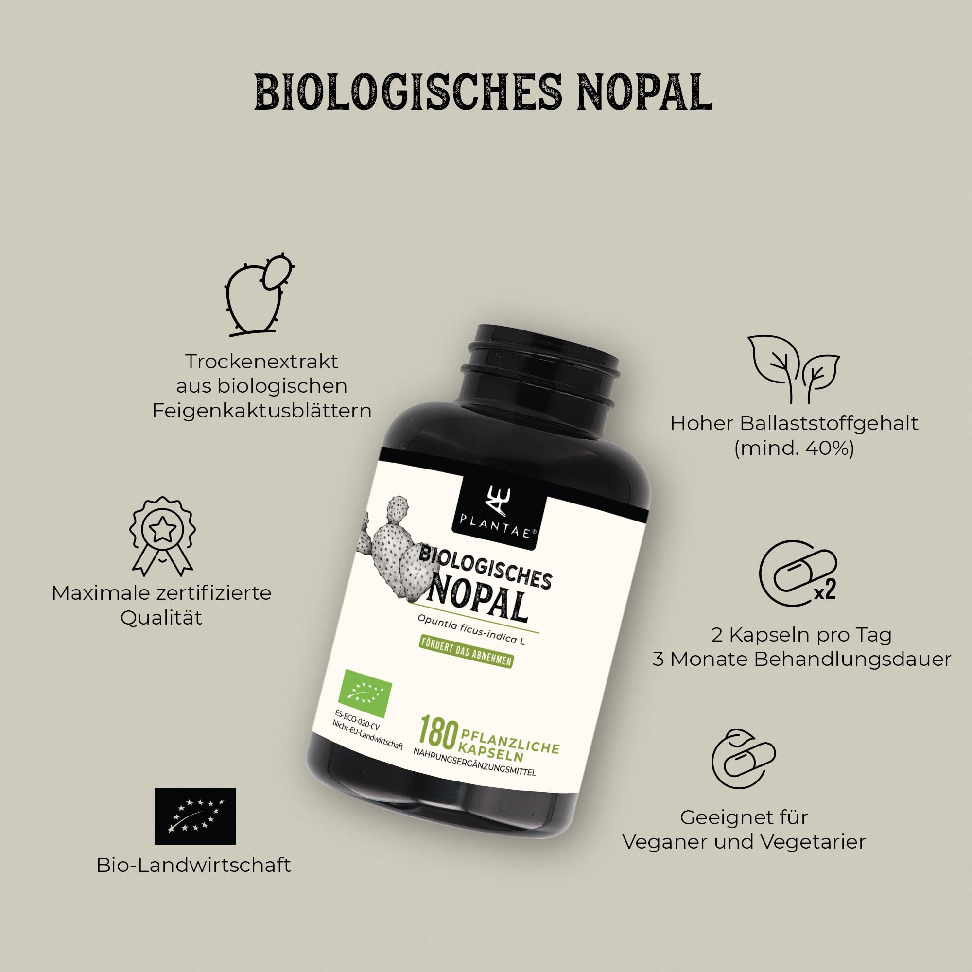 Biologisches Nopal * 470 mg/180 Kapseln * Zu mind. 40% in Fasern titriert