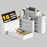 QUELIEN Desk Drawer Organizer Tray Set, 16PCS Plastic Drawer Organizer Bins for Office, Makeup, Kitchen - White Desk Organizer with Flexible Interlocking Design for Efficient (White, 16PCS)