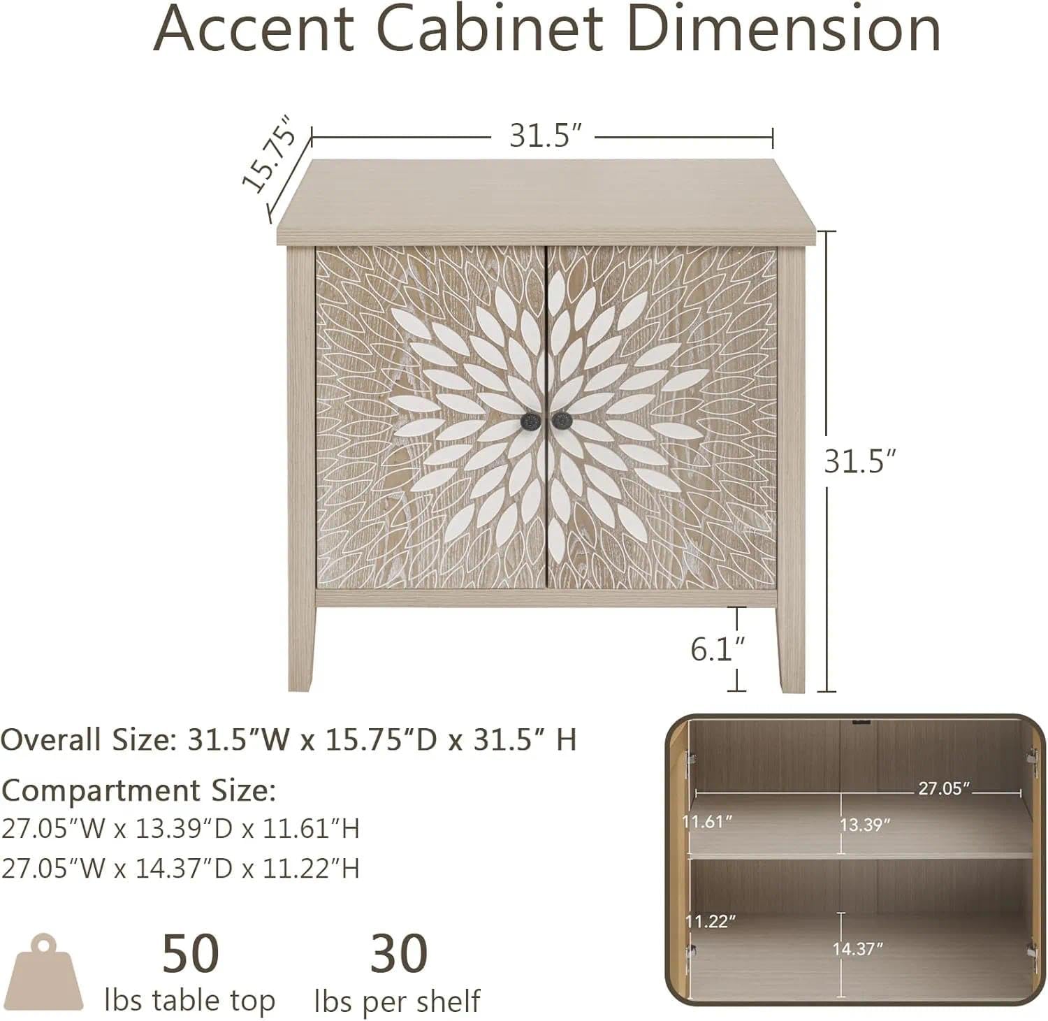 31.5" Decorative Accent Cabinet, Boho Storage Sideboard with Sunburst Leaf Carved Doors, Solid Wood Legs, Finish for Entryway,Dining Room,Natural