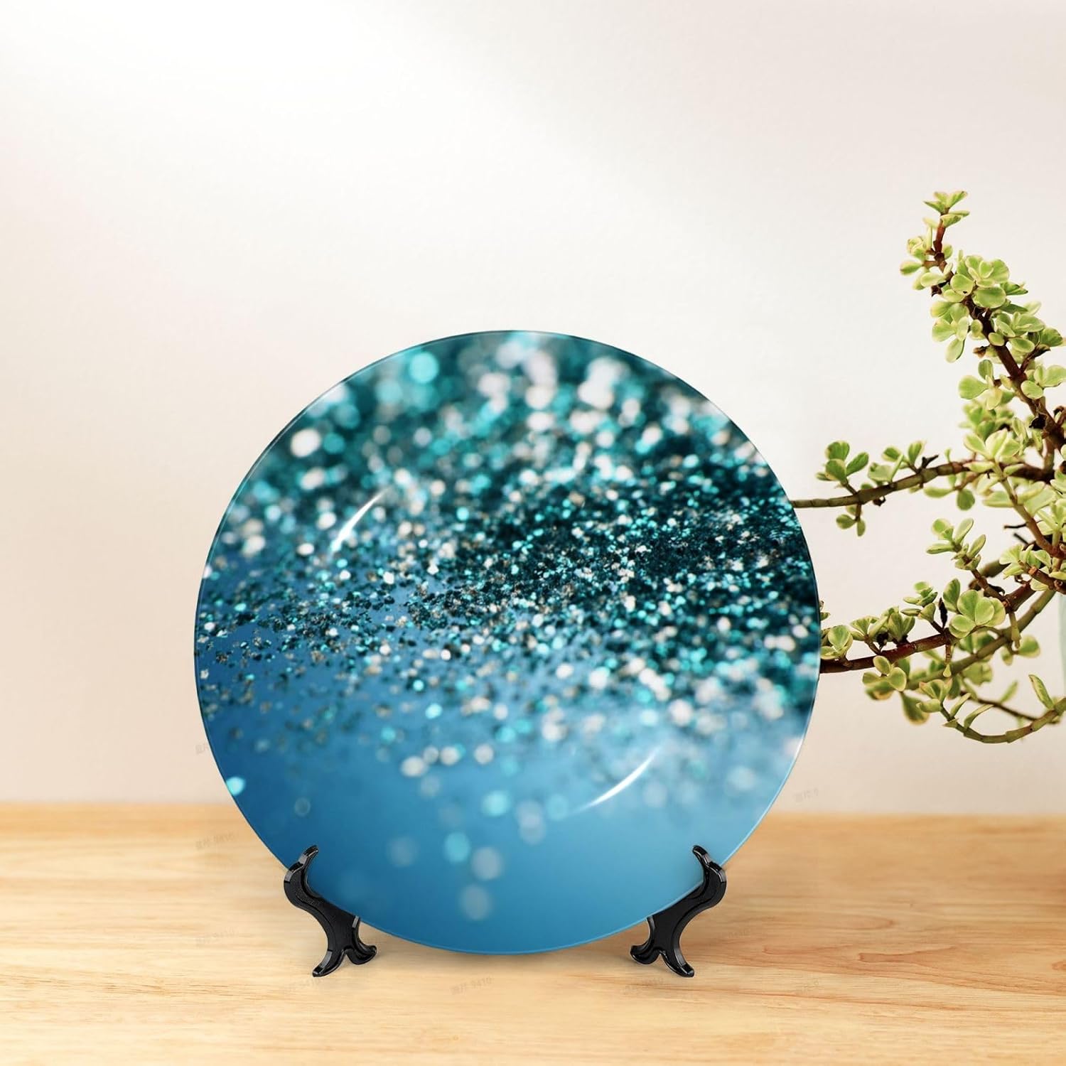 Decorative Plate 10in Bone China Dessert Plates with Display Stand Ceramic Ornament Ceramic Glittered blue background Decorative Plates Art Crafts Porcelain Plate for Home Club Living Room