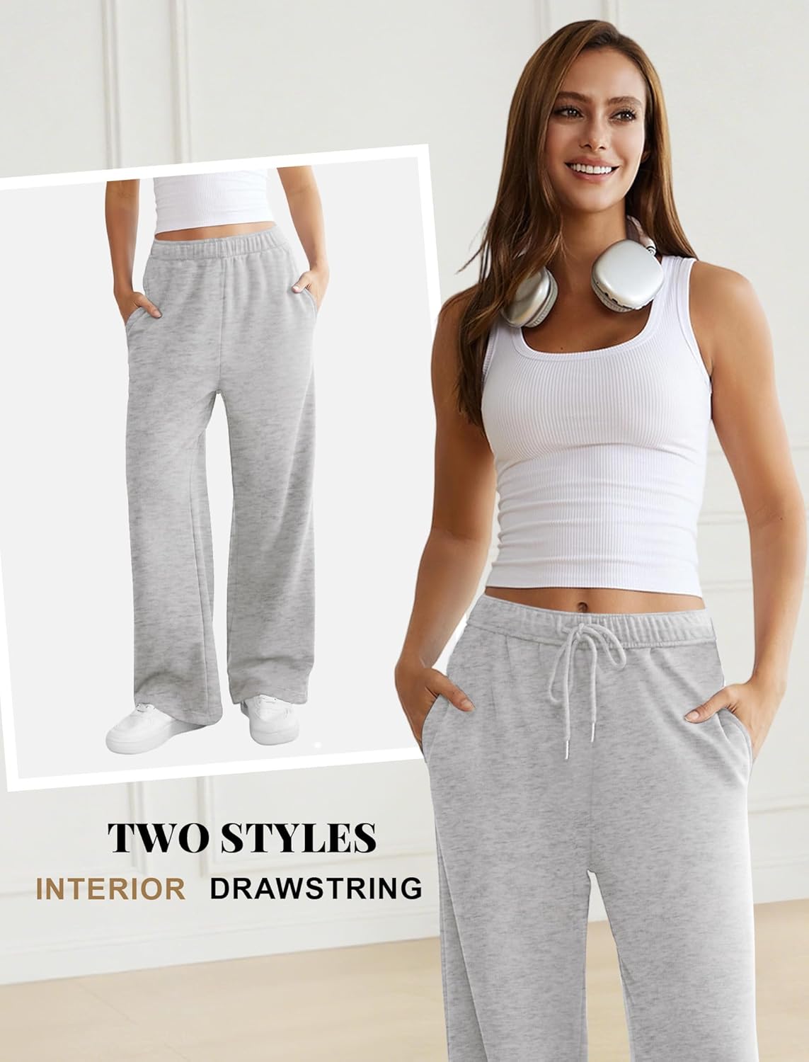 Womens Wide Leg Sweatpants Interior Drawstring Baggy Sweat Pants with Pockets Elastic Waisted Lounge Casual Trousers - Image 4