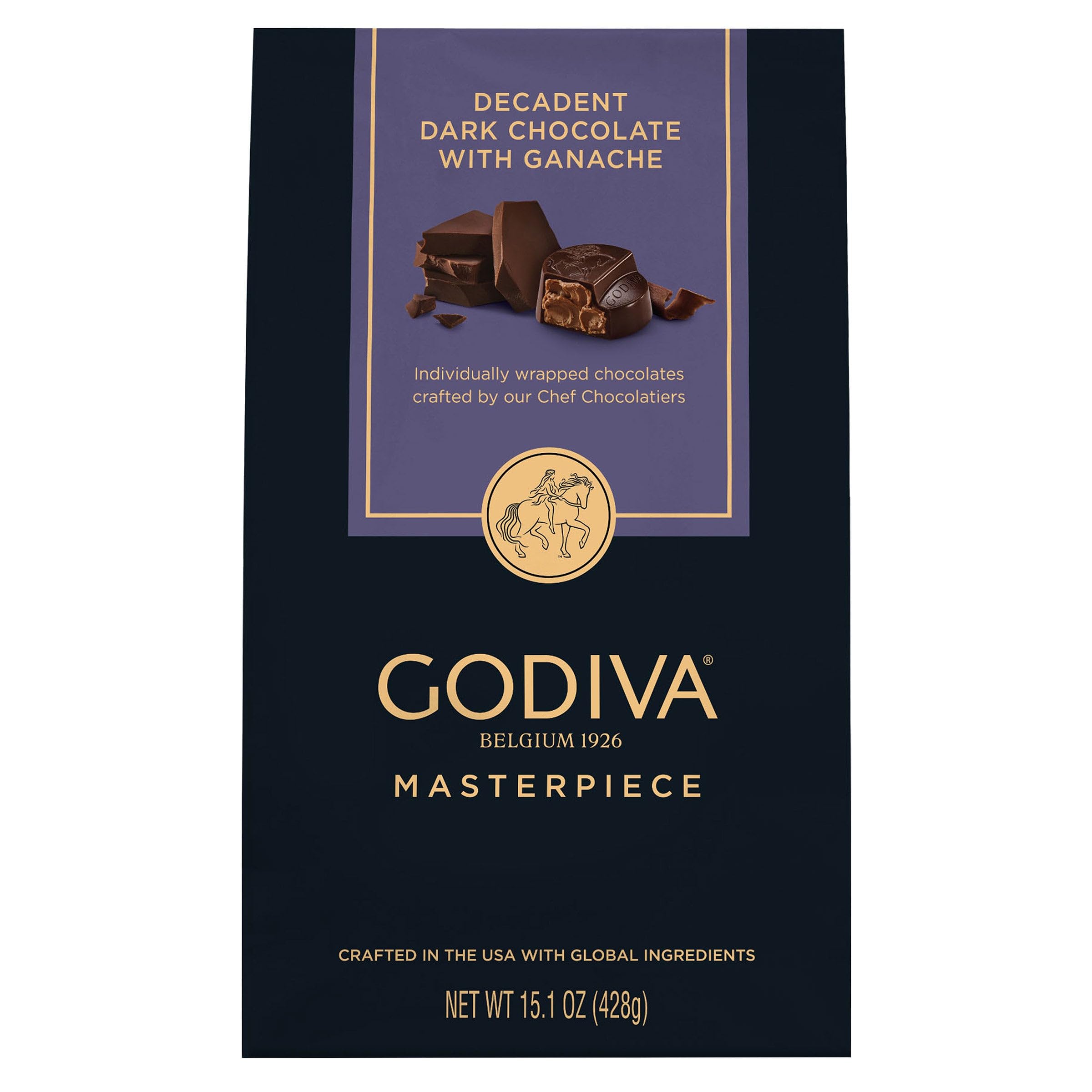 Godiva Masterpiece Dark Chocolate Bag, Individually Wrapped with Ganache Center, Gourmet Gift for Birthday, Holiday, Kosher, Halal, 15oz