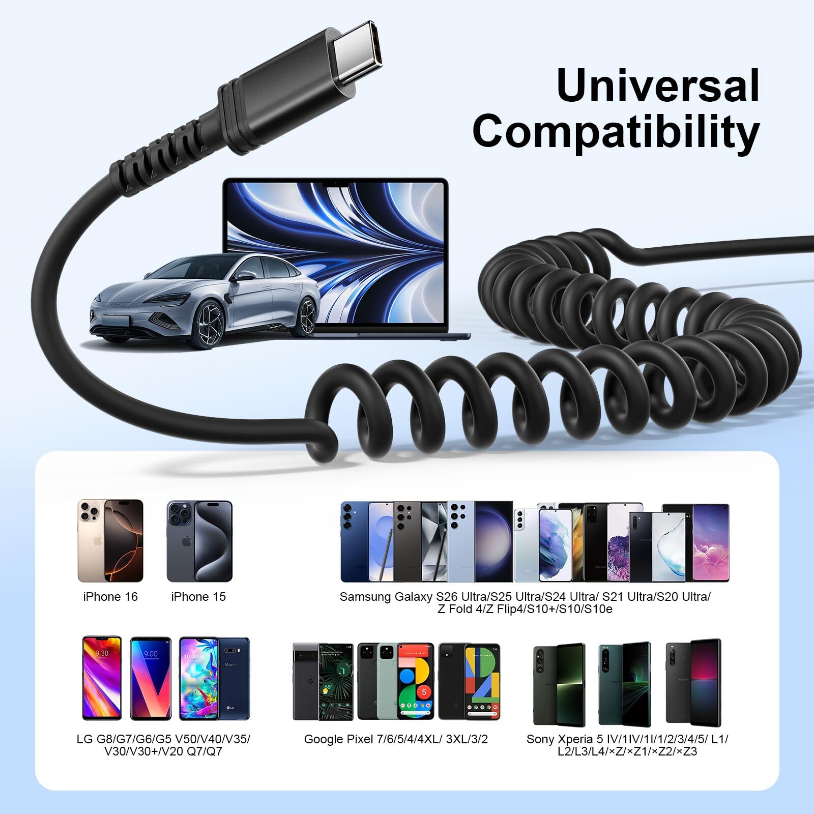 Cable de carga USB C a USB C, paquete de 4 cables de carga USB C en espiral para coche, cable de carga rápida tipo C a C de 6 pies de largo para teléfono/Android Auto/iPhone Samsung Galaxy/Carplay