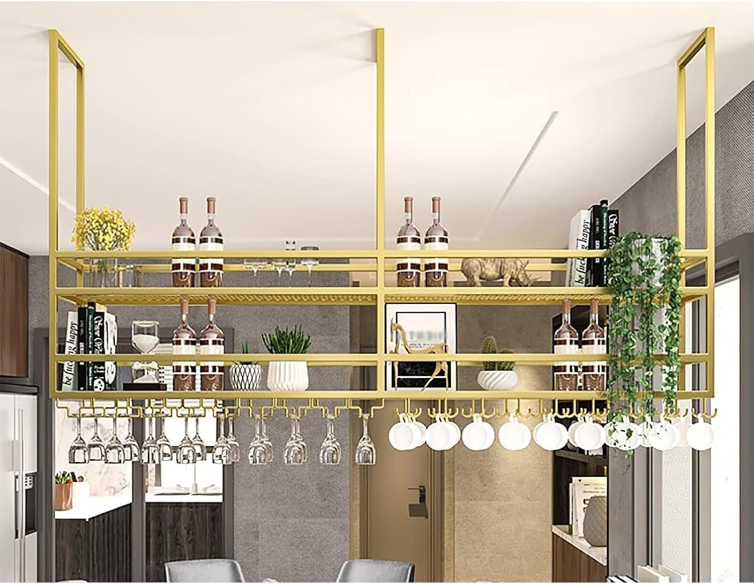 Hanging Glass Rack - Hanging Shelf, Ceiling Wrought Iron Wine Rack, Ceiling Kitchen Storage Rack, Wall Mounted Wine Glass Shelf, LOFT/Bar/Restaurant Floating Shelfs(A,120x30x100cm/47x11x39in)