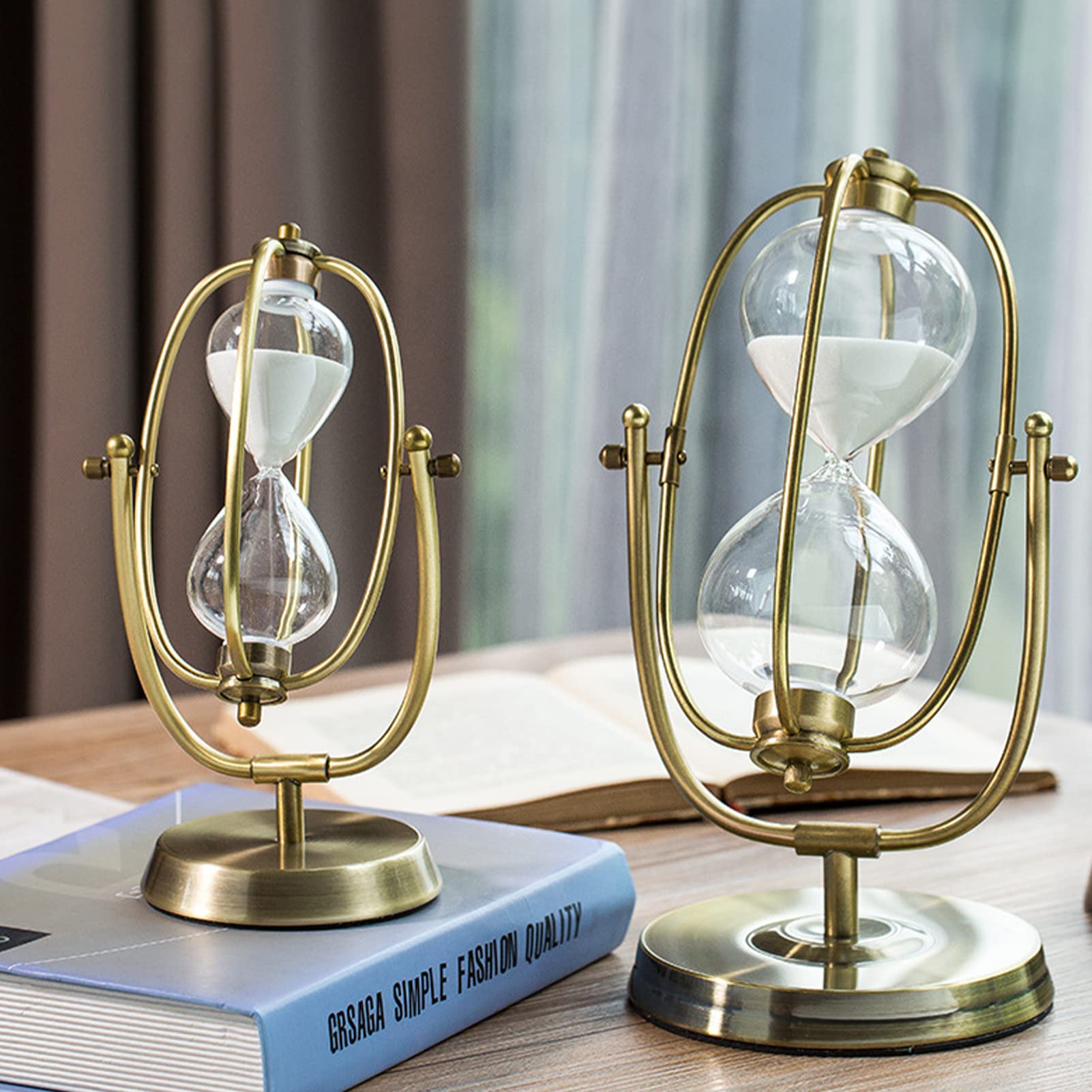 SYFUNLV Metall Sanduhren,Vintage-Sanduhr,12×24cm Rotierende Sand Timer, 30/15 Minuten,Vintage-Sanduhr,mit goldenen Seitstützen, Dekorative Sanduhr aus Glas Geschenkeinzigartiges Andenken (S)