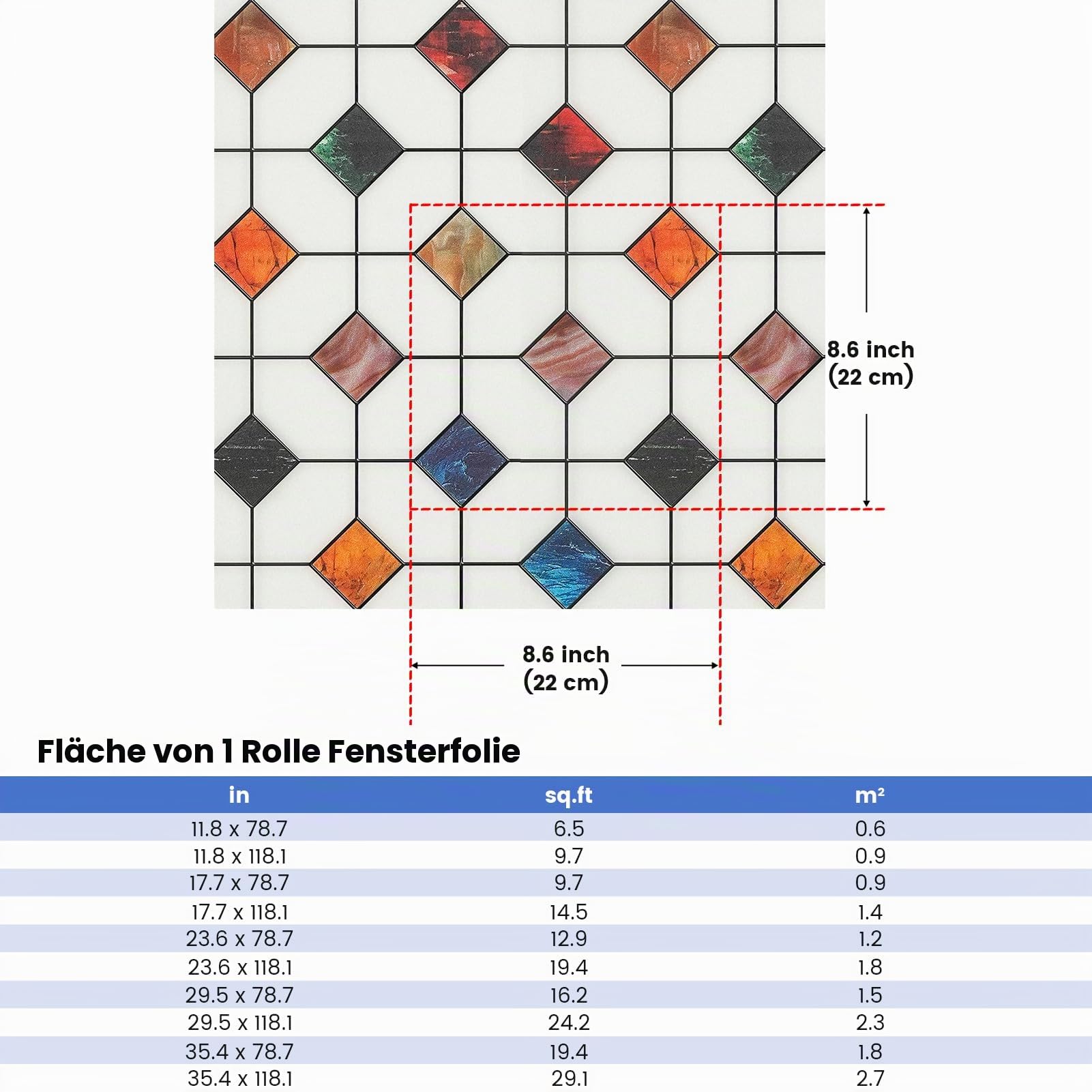 DKTIE Buntglas-Fensterfolie, geometrische Muster, 89,9 x 300 cm
