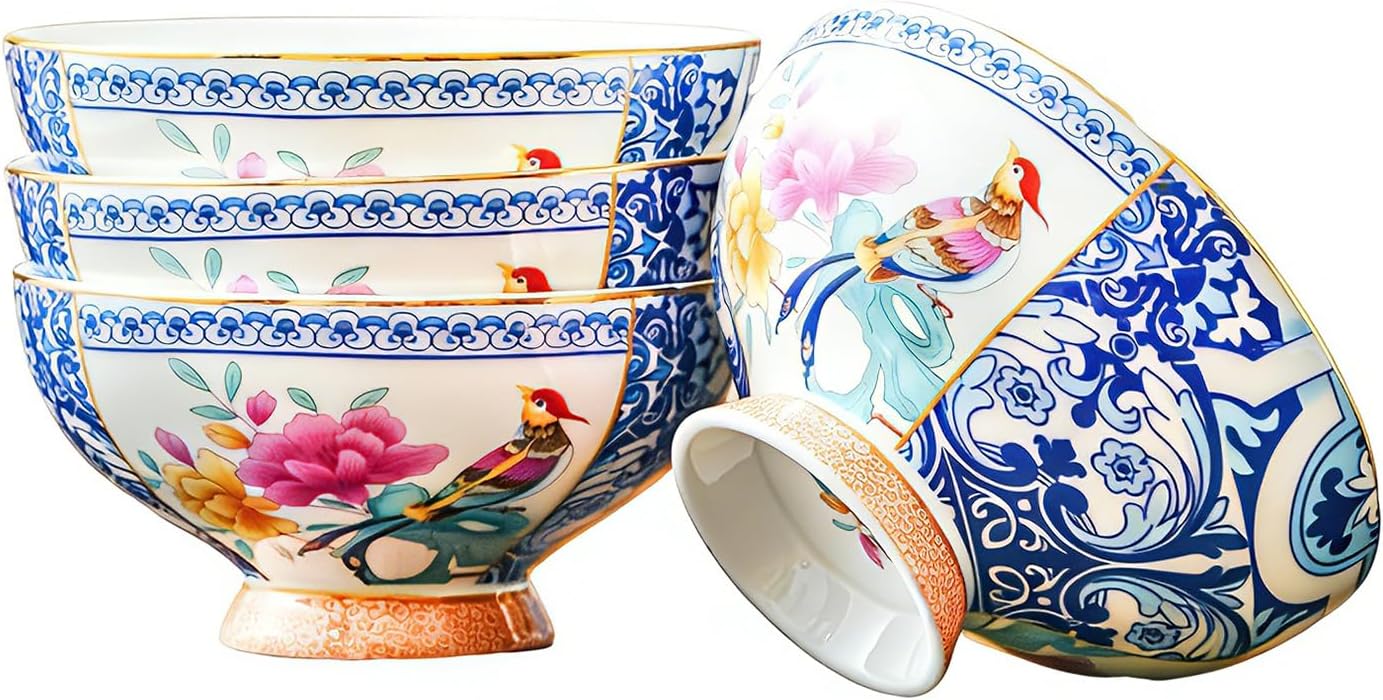 Small Dessert Bowl Set of 4, 4.5 Inch Bone China Bowls with Vintage Floral & Chinese Style, Versatile for Ice Cream, Fruit, Snacks, Side Dishes