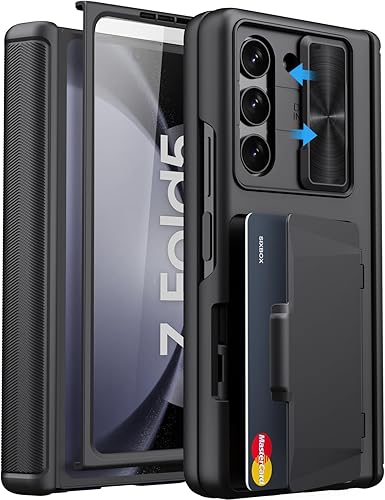 Funda para Samsung Galaxy Z Fold 5 con tarjetero y cubierta para cámara deslizante, protector de pantalla integrado y protección de bisagra, funda