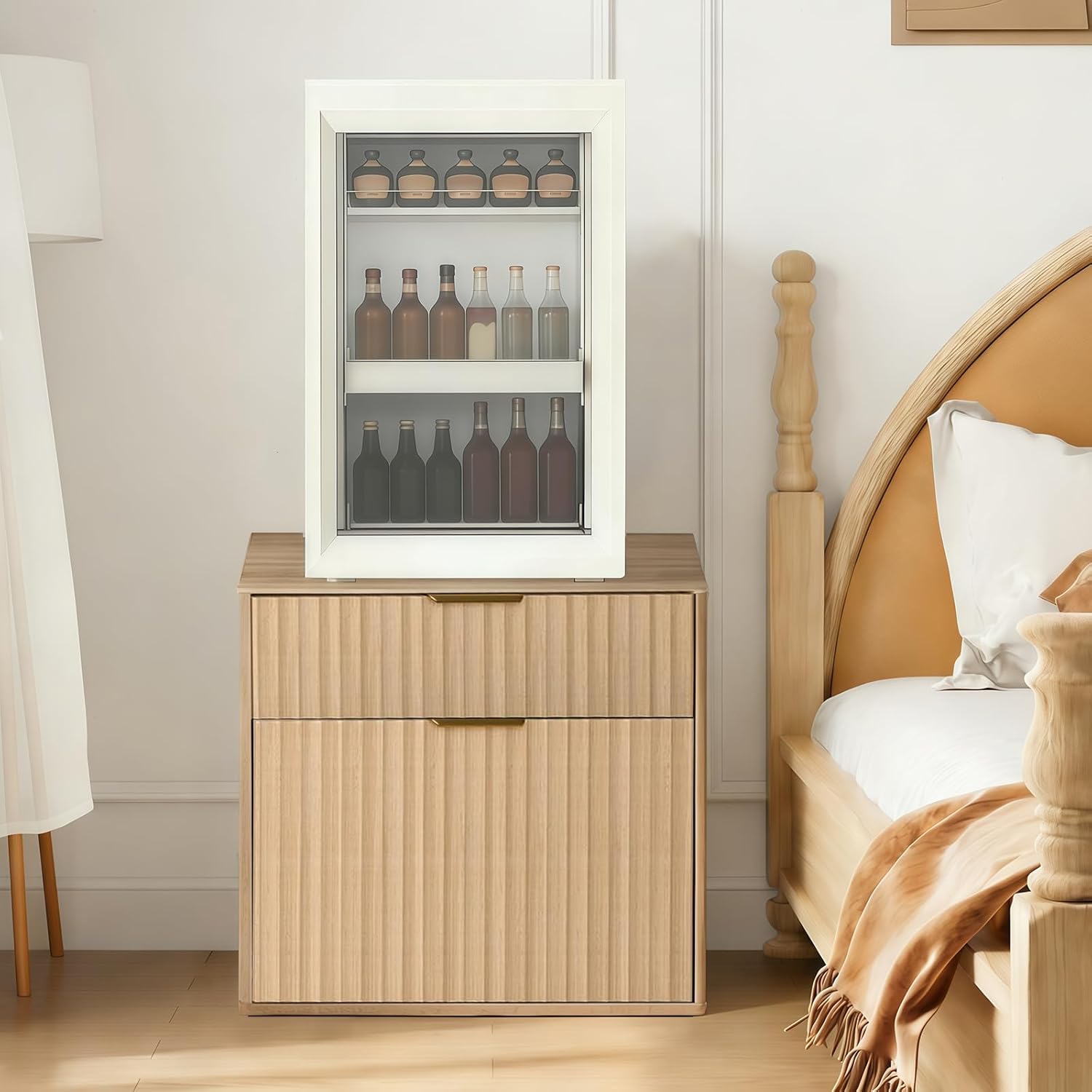 Mini Fridge Stand with Storage，Small Refrigerator Stand with Wooden，Mini Fridge Table with Drawer for Dorm, Apartment, Office, Bedroom，Hold 300LBS, Light Oak