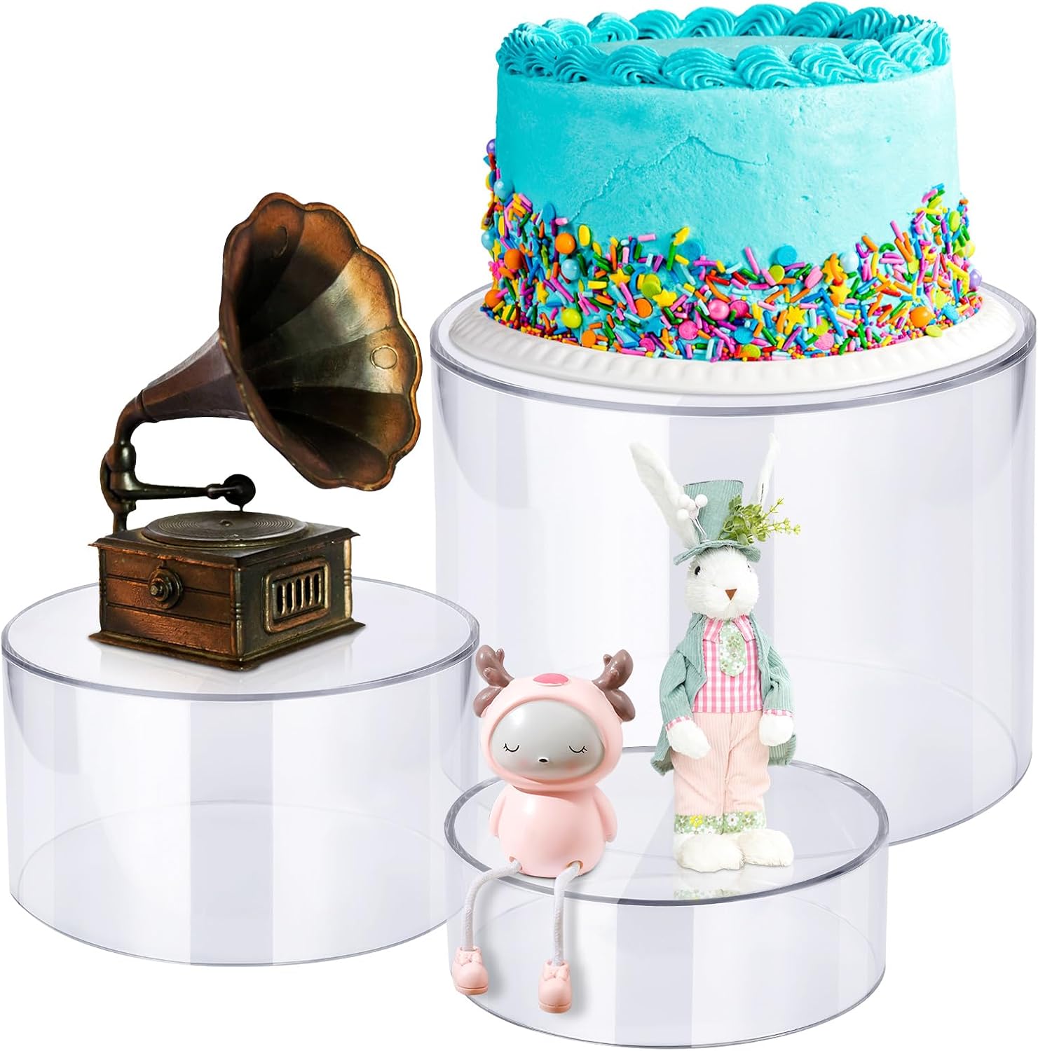 Weysat 3 Pcs Acrylic Risers for Display Stands, Round Cake Dessert Stand, Food Risers Cylinder Nesting with Hollow Bottom for Wedding Parties Brunch Jewelry Show, 3 Sizes, 6"x2", 7"x4", 8"x6" (Clear)