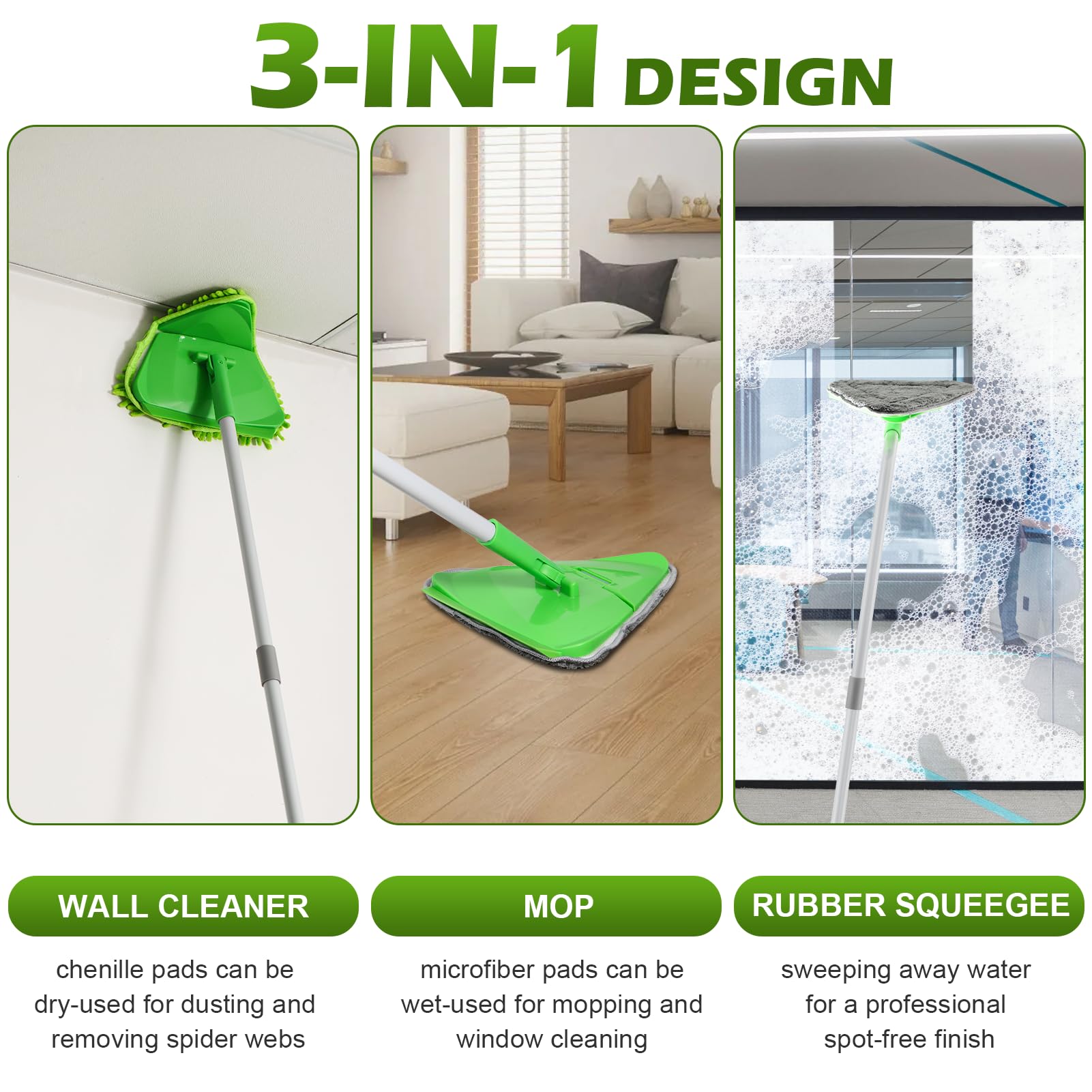 RONSUNG Mopa limpiadora de pared con mango largo de 82 pulgadas, herramienta de limpieza de zócalo, trapeador de polvo con 4 almohadillas de chenilla de microfibra de repuesto para techo, paredes