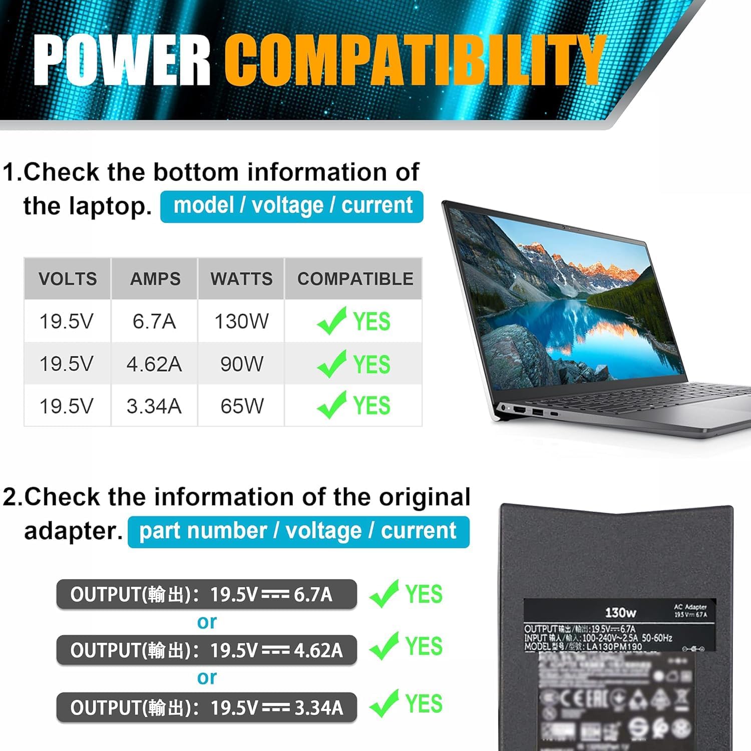 SZGUDULO 130W Laptop Charger Compatible with Dell XPS 15 Inspiron 7559 Precision 5510 Docking Station Power Cord PA-4E (2Tips 7.4 and 4.5mm)