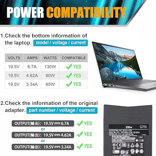 Miniatura 5 de PA-4E - Cargador para laptop Dell de 130 W (2 puntas de 7.4 y 0.177 in) de repuesto para cargador Dell XPS 15, cargador Dell Inspiron 7559, cargador