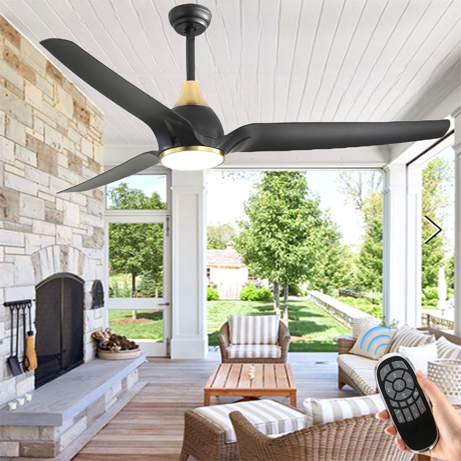 56 Inch Outdoor Ceiling Fan with Remote, Black Ceiling Fan with Light ...