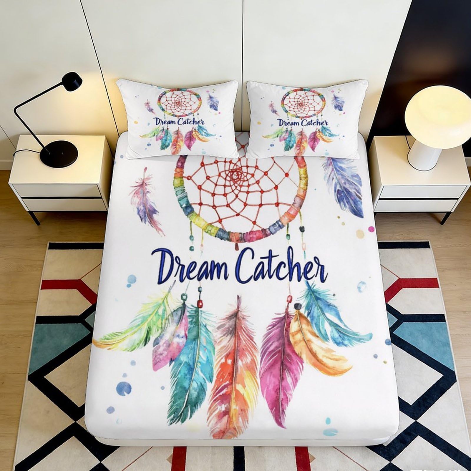 3D Printed Dreamcatcher Feather Fitted Sheet Microfiber Soft Bed Cover Colourful Boho Decor for Bedroom Dorm 90x200x25cm