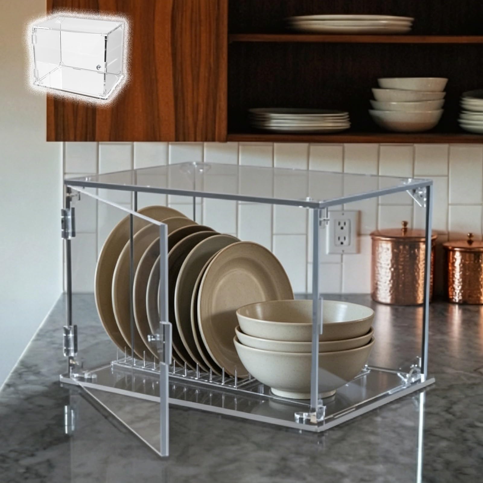Kitchen Clear Dustproof Storage Box, Standing Acrylic Display Case with Door, Rectangular Showcase for Collectibles, Plates, Mahjong Tiles(50x50xH50cm/20x20x20")