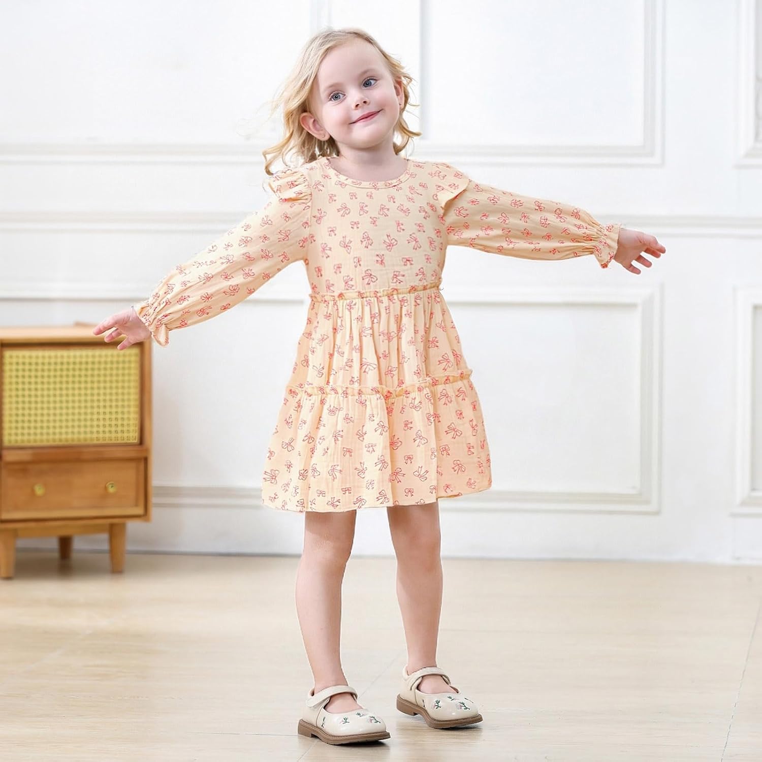 Toddler Girl Dress Kids Long Sleeve Ruffle Dresses Fall Winter Outfit Hat Bag Floral Girls Casual Playwear Dress - Image 4