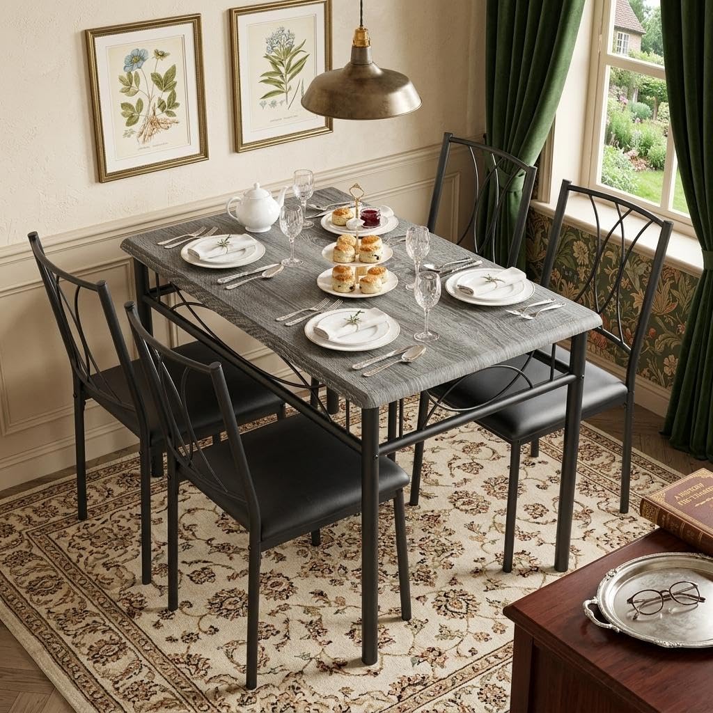 GarveeMore Dining Table and Chairs Set of 4, Space Saving Rectangular Kitchen Table with Upholstered Seats, 4 Seater Modern Metal Stowaway Dining Room Furniture for Flats & Diners, Grey